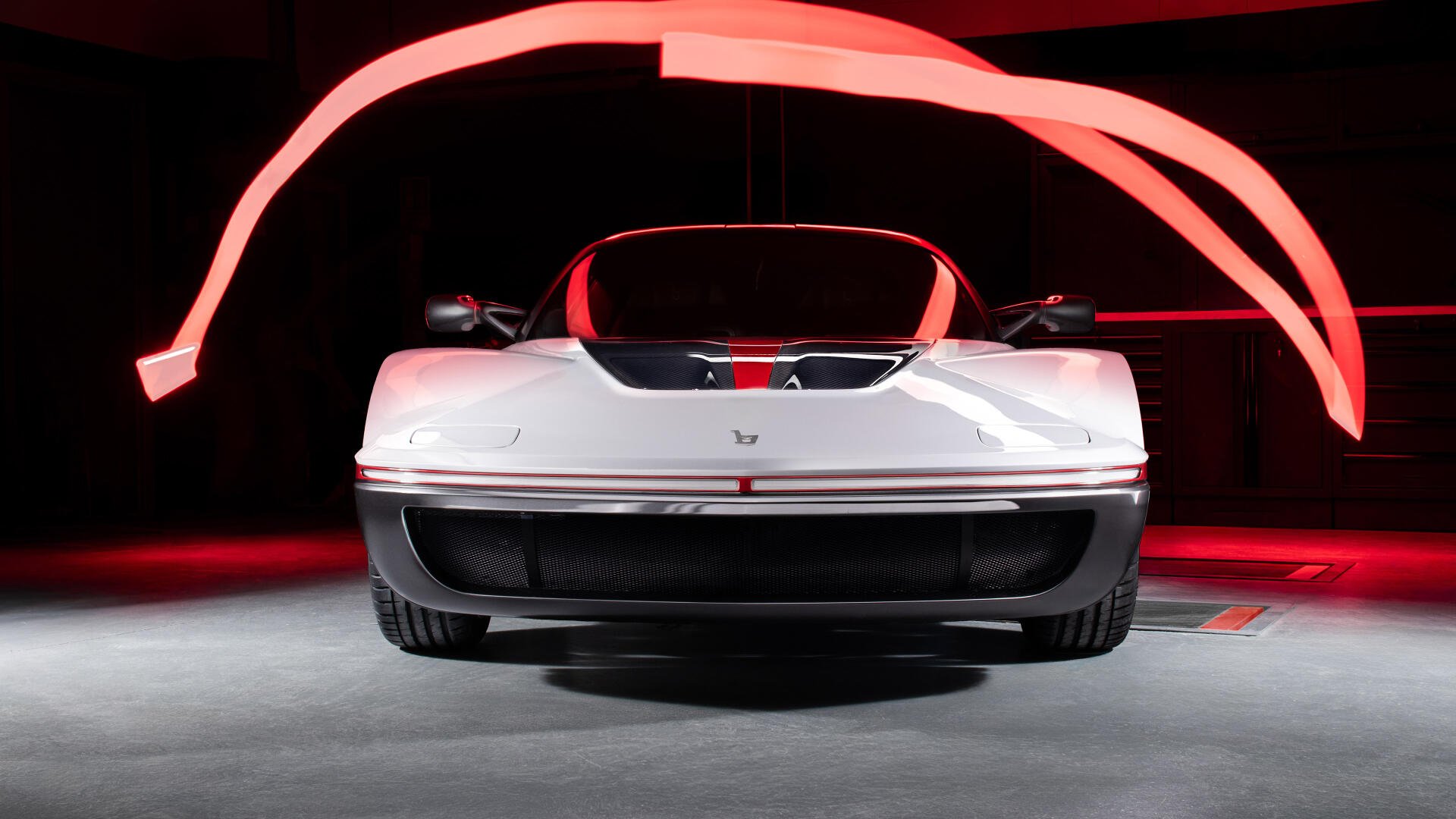 Front view of a white Bertone Runabout vehicle with red light trails on a dark studio floor — 4K Ultra HD PC desktop wallpaper and background.