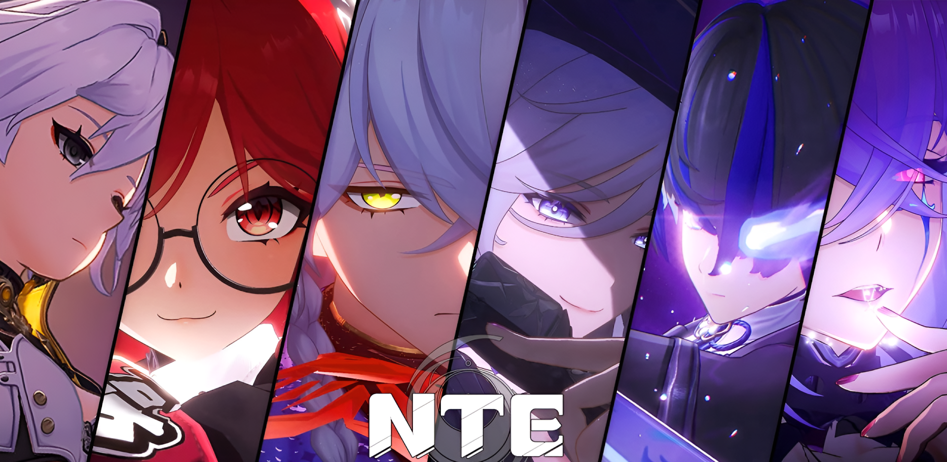 HD PC desktop wallpaper of the mobile game Neverness to Everness: four stylized character close-ups split into dramatic colored panels with the NTE logo.