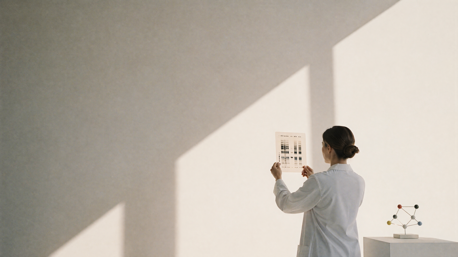 4K Ultra HD desktop wallpaper of a geneticist in a lab coat examining a DNA microarray against a sunlit white wall, a molecular model resting on a nearby table.