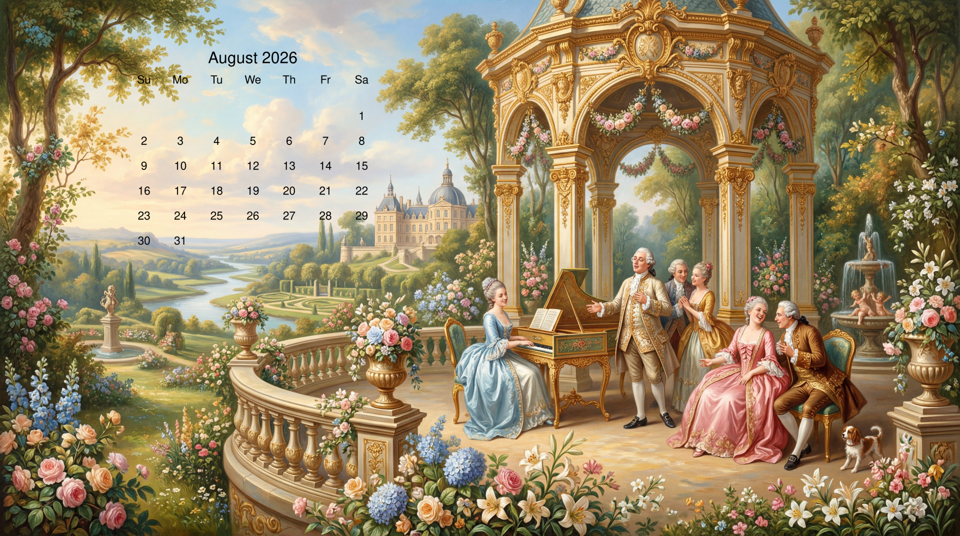 August 2026 calendar on 5K Ultra HD PC desktop wallpaper: rococo garden scene with musicians and ladies at an ornate pavilion, floral terrace and distant castle.