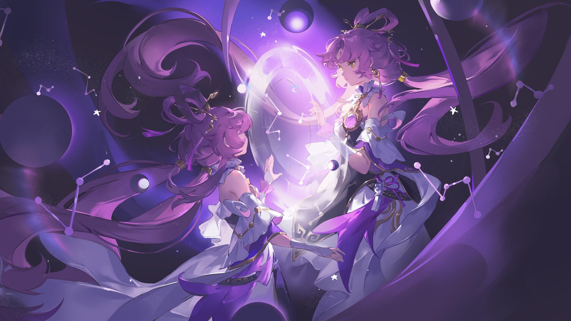 5K Ultra HD PC wallpaper of Fu Xuan (Honkai: Star Rail): a purple anime video game girl surrounded by swirling stars, energy orbs and mirrored light in a cosmic, ethereal scene.