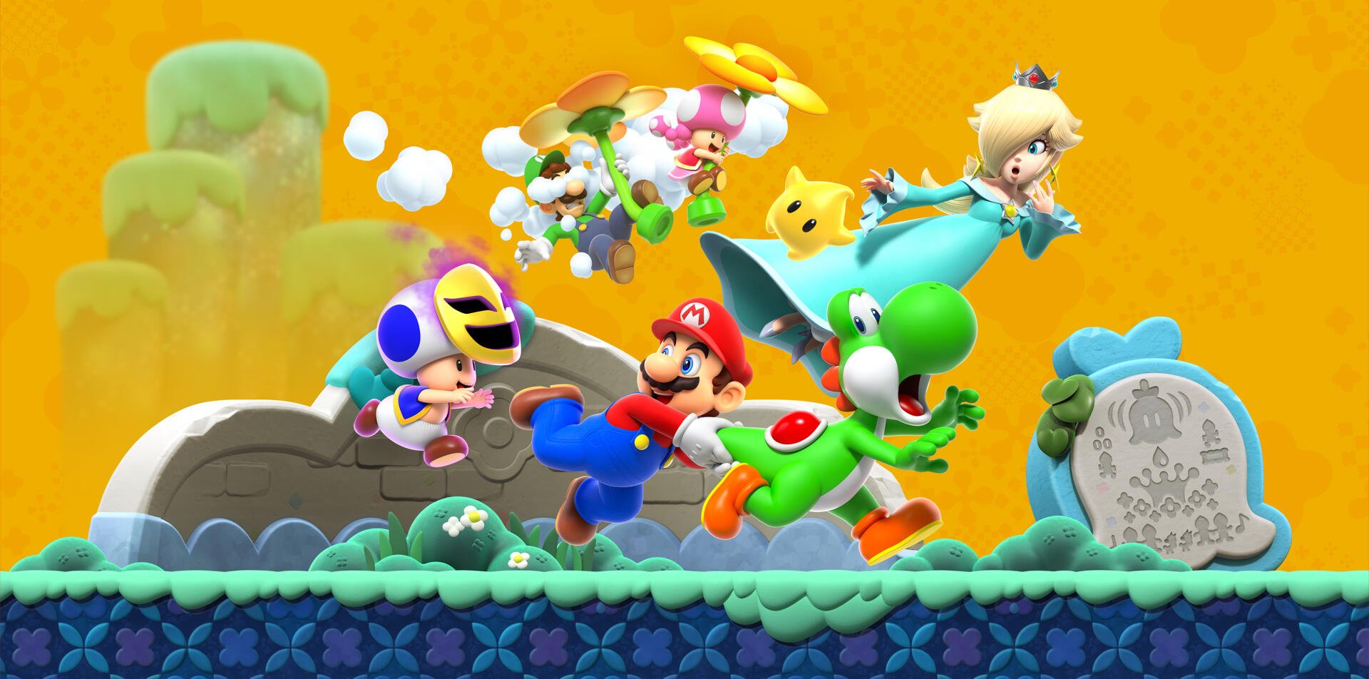 Super Mario Bros. Wonder 2K Quad HD PC Desktop Wallpaper and Background: Mario, green Yoshi, Rosalina, Toadette and star companions dashing across a bright, whimsical platform landscape.