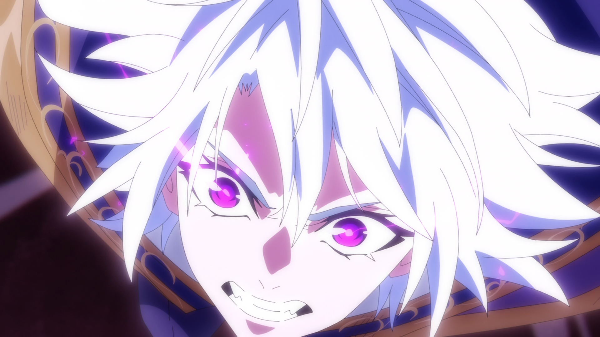Close-up of Will Serfort from Wistoria: Wand and Sword — white-haired anime character with glowing magenta eyes and fierce expression, HD PC desktop wallpaper/background.