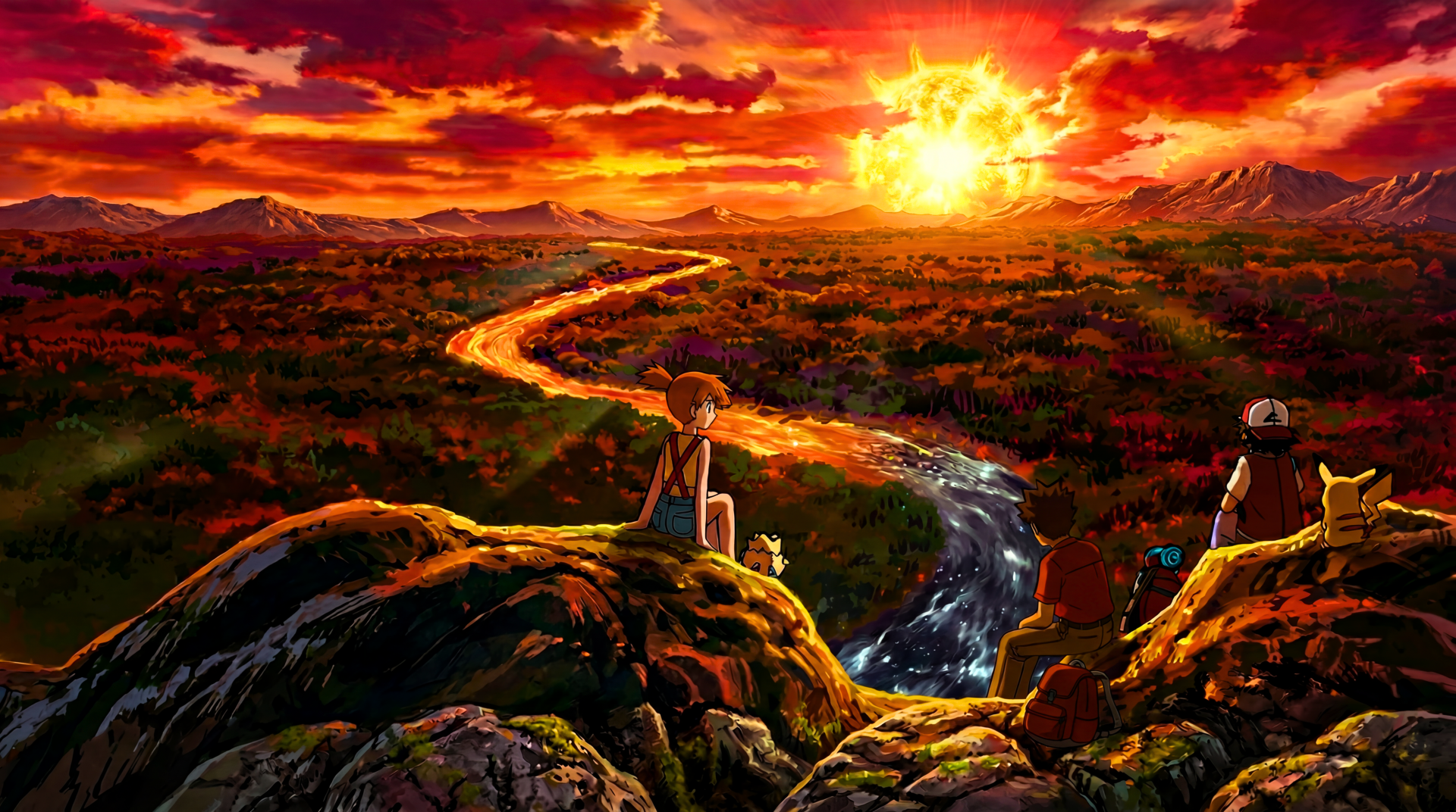 Pokémon anime 5K Ultra HD PC wallpaper: Ash Ketchum, Misty and Brock sit on rocky cliffs watching a fiery sunset over a winding river and vast countryside.