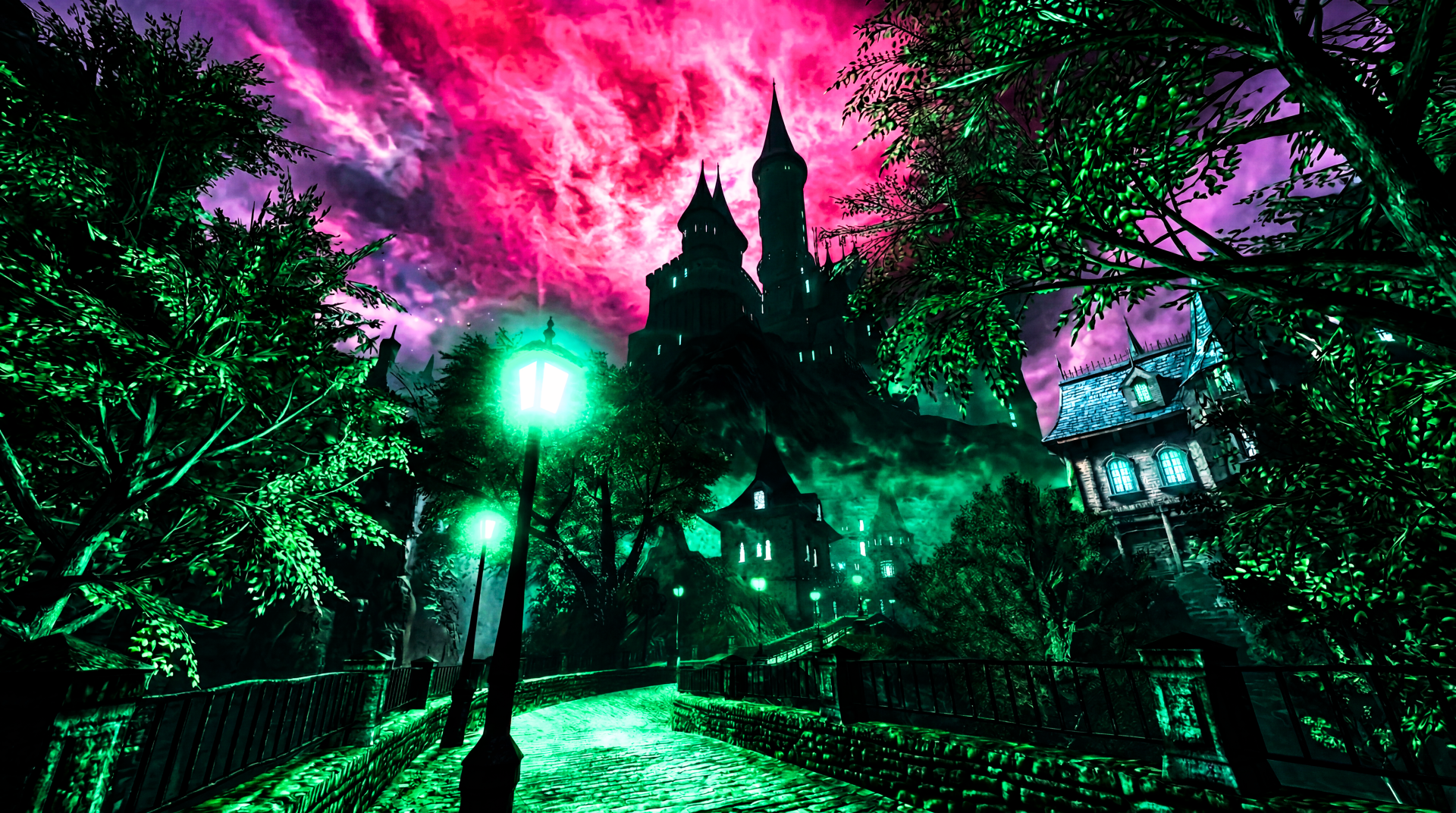PS2core dreamcore liminal scene: eerie haunted castle silhouette under magenta sky, green-lit bridge and foggy trees — 5K Ultra HD PC desktop wallpaper/background.