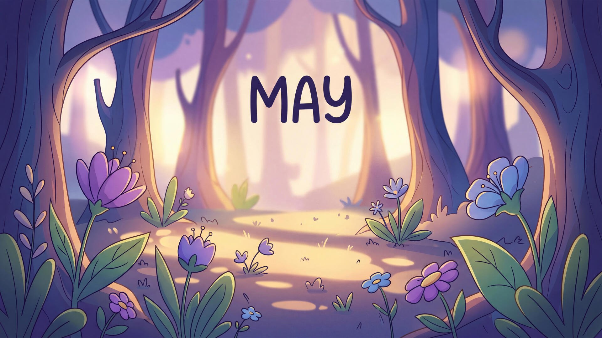 Whimsical May forest illustration with blooming wildflowers and a sunlit path, rendered as a 5K Ultra HD PC desktop wallpaper.