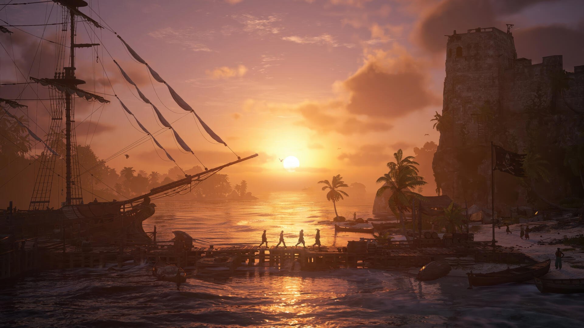 Assassin's Creed Black Flag Resynced 4K UHD wallpaper: pirate islands at sunset, silhouetted ship, dock and palm trees.