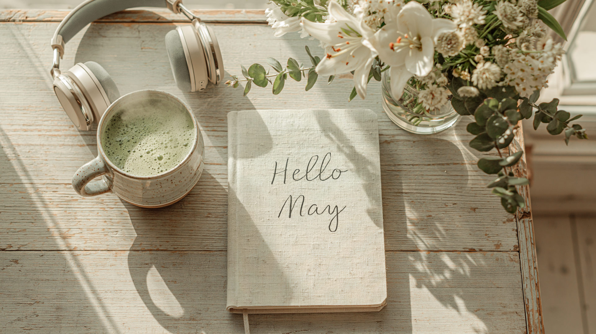Cozy white aesthetic 2K Quad HD PC desktop wallpaper — sunlit wooden table with a Hello May notebook, matcha cup, headphones, and a vase of white flowers.