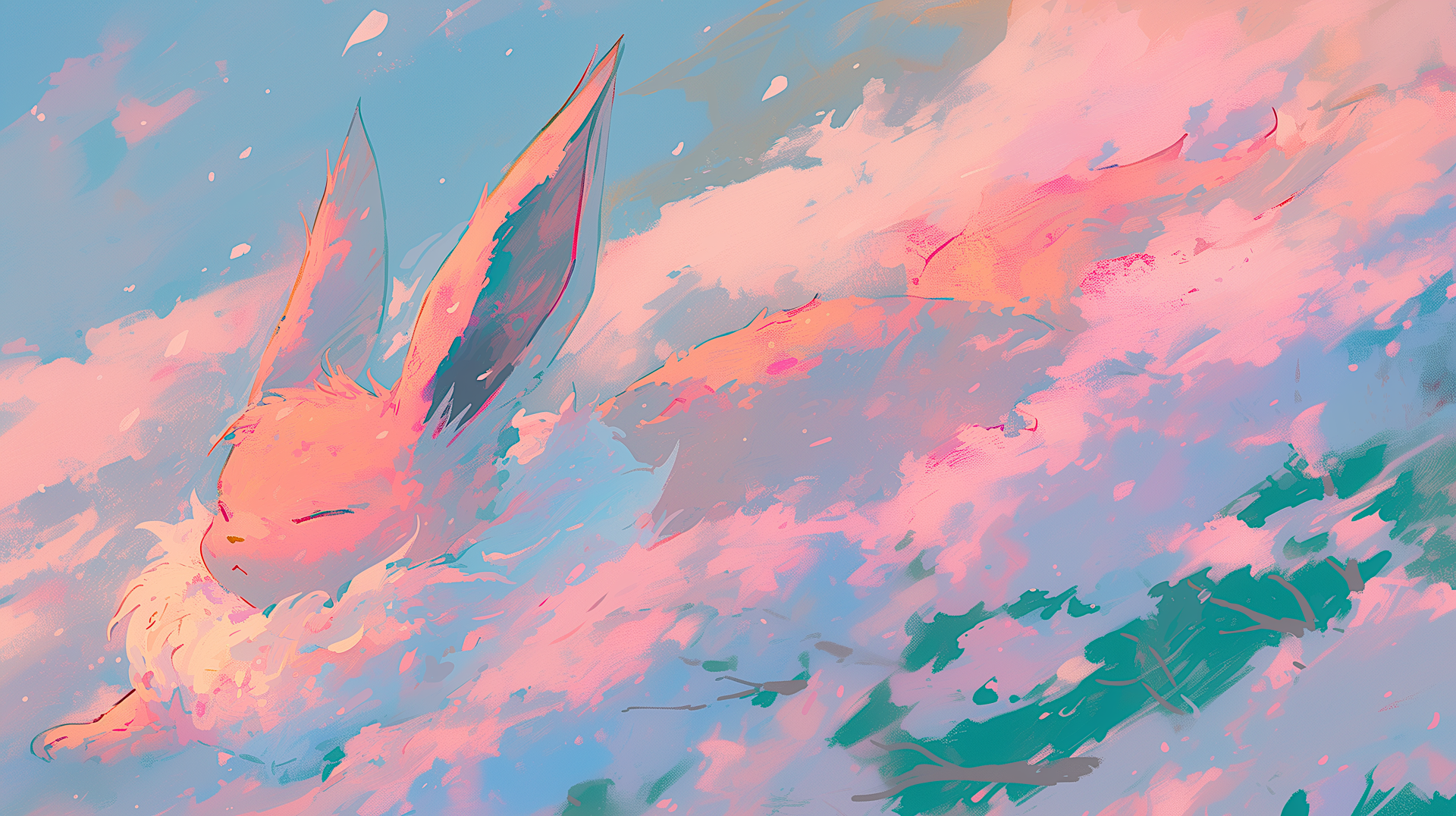 Pastel anime aesthetic 2K Quad HD PC wallpaper of Eevee (Pokémon) drifting peacefully through pink and teal clouds — soft, dreamy Pokemon desktop background.