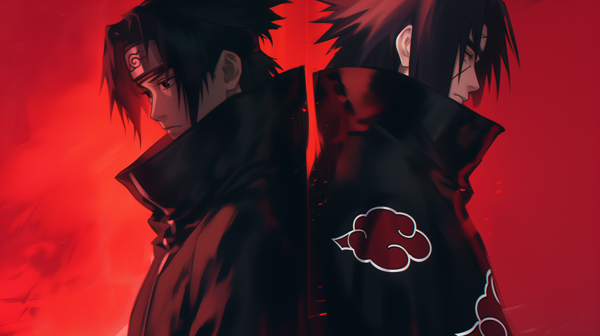 Sasuke and Itachi Uchiha from Naruto anime stand back-to-back in dark cloaks against a red smoky backdrop — 2K Quad HD PC desktop wallpaper.