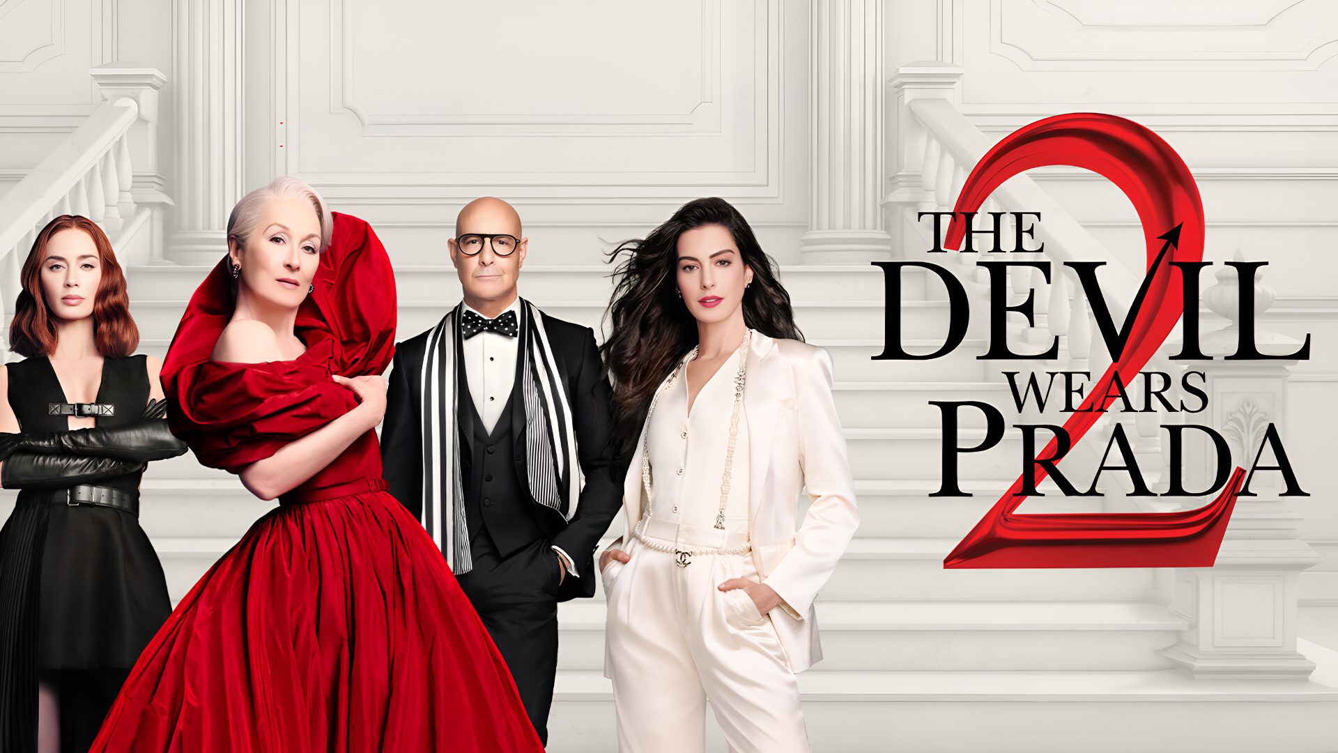 4K Ultra HD PC desktop wallpaper for The Devil Wears Prada 2: four stylishly dressed lead cast members pose against a white, elegant backdrop beside the film logo.