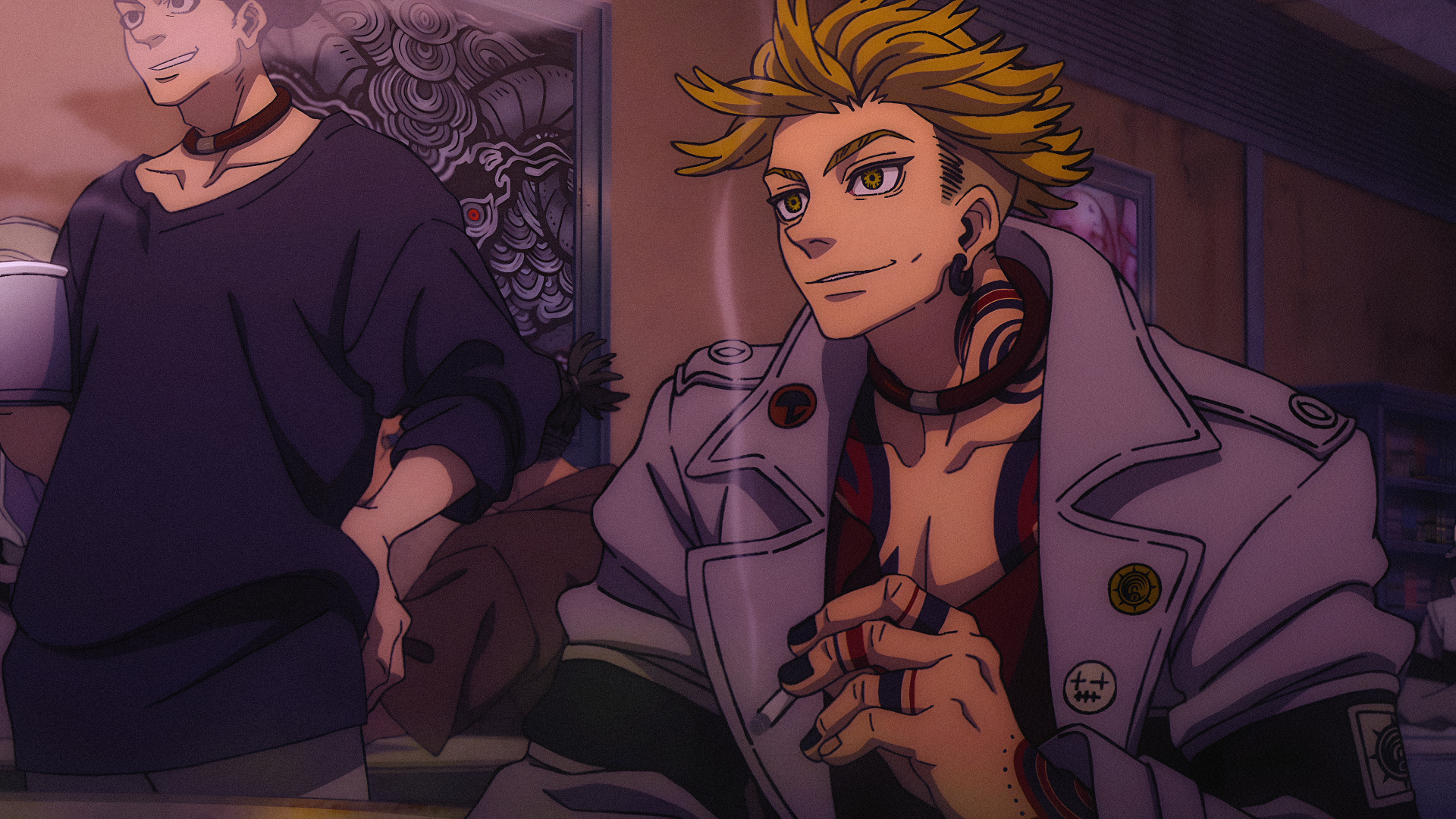 4K Ultra HD PC desktop wallpaper of Enjin (Gachiakuta): a confident blond, spiky-haired anime boy in a trench coat with headphones, holding a lit cigarette.