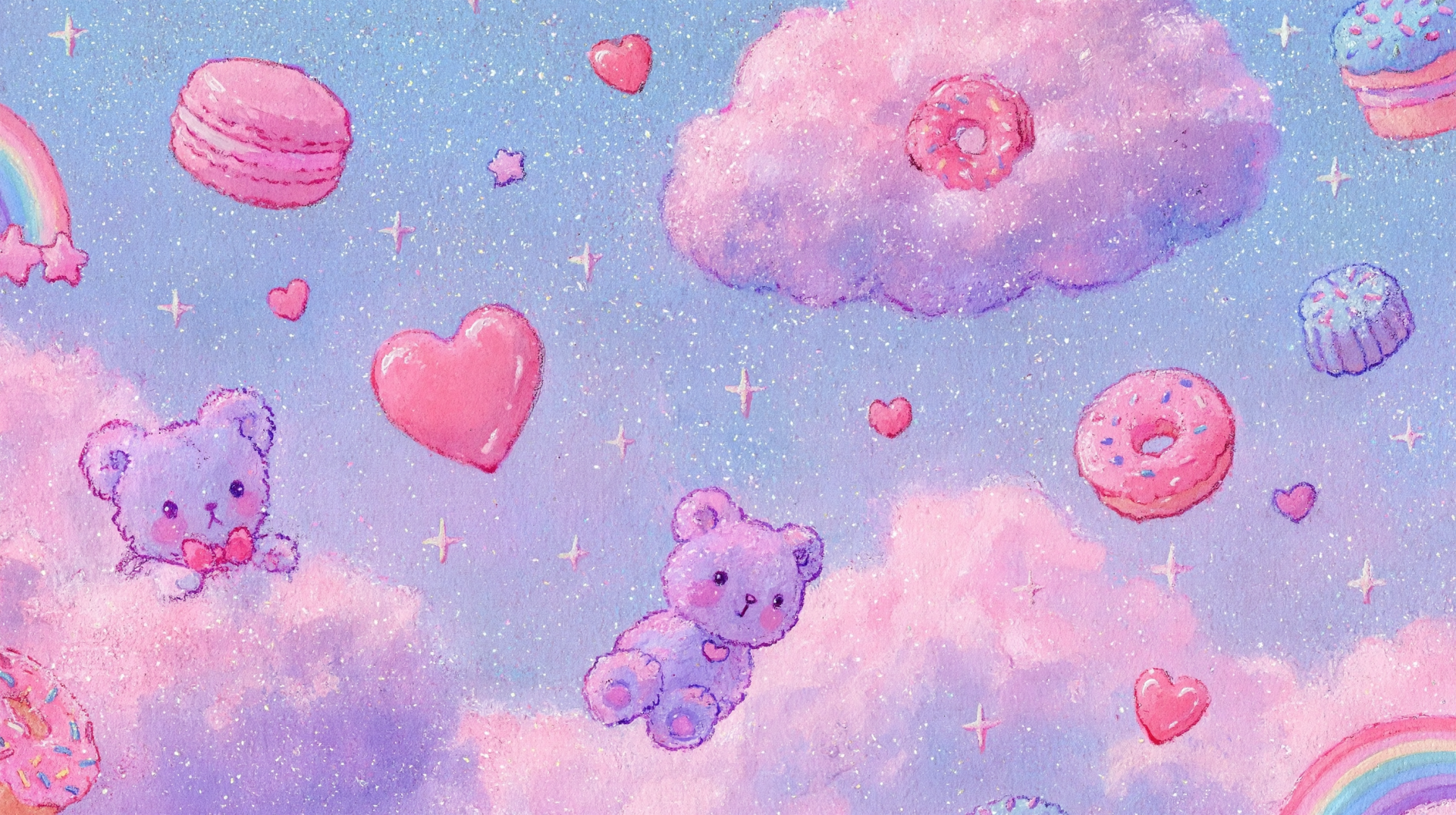 Cutecore pastel y2k whimsical 2K Quad HD PC desktop wallpaper of sparkly sky with pink clouds, floating teddy bears, hearts, donuts and macarons.