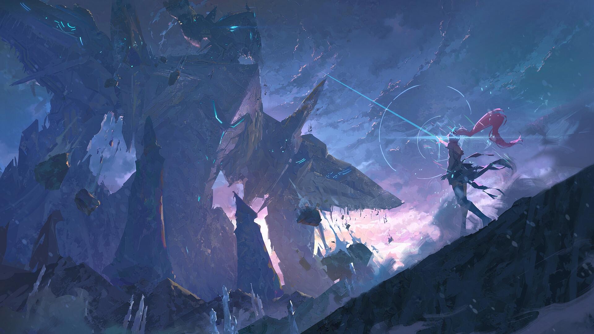 HD PC desktop wallpaper/background from the video game Wuthering Waves: Aemeath looms amid shattered spires as a lone warrior clashes in an epic fantasy boss battle.