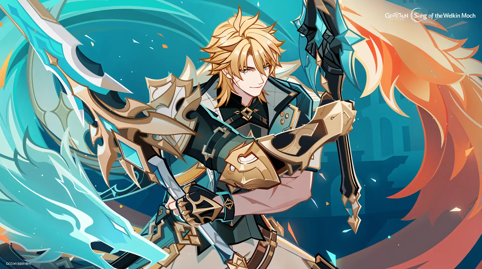 4K Ultra HD PC desktop wallpaper of Varka from Genshin Impact wielding dual swords, posed amid swirling aqua and orange energy with ornate armor and a bold, dynamic background.