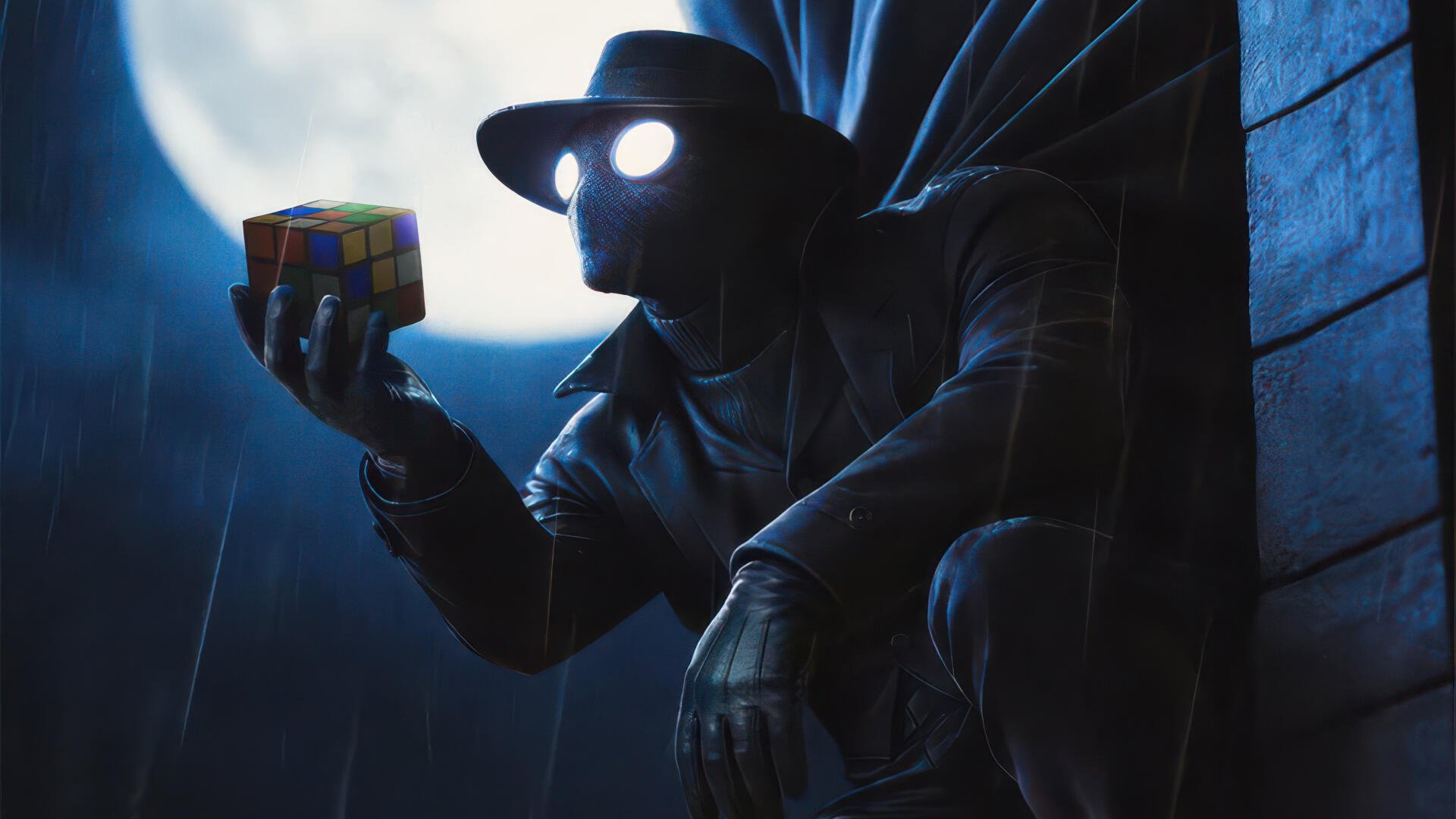 4K Ultra HD PC desktop wallpaper from the Spider-Man Noir (2026) TV show: trench-coated, fedora-clad noir Spider-Man with glowing eyes holding a Rubik's Cube under a full moon.