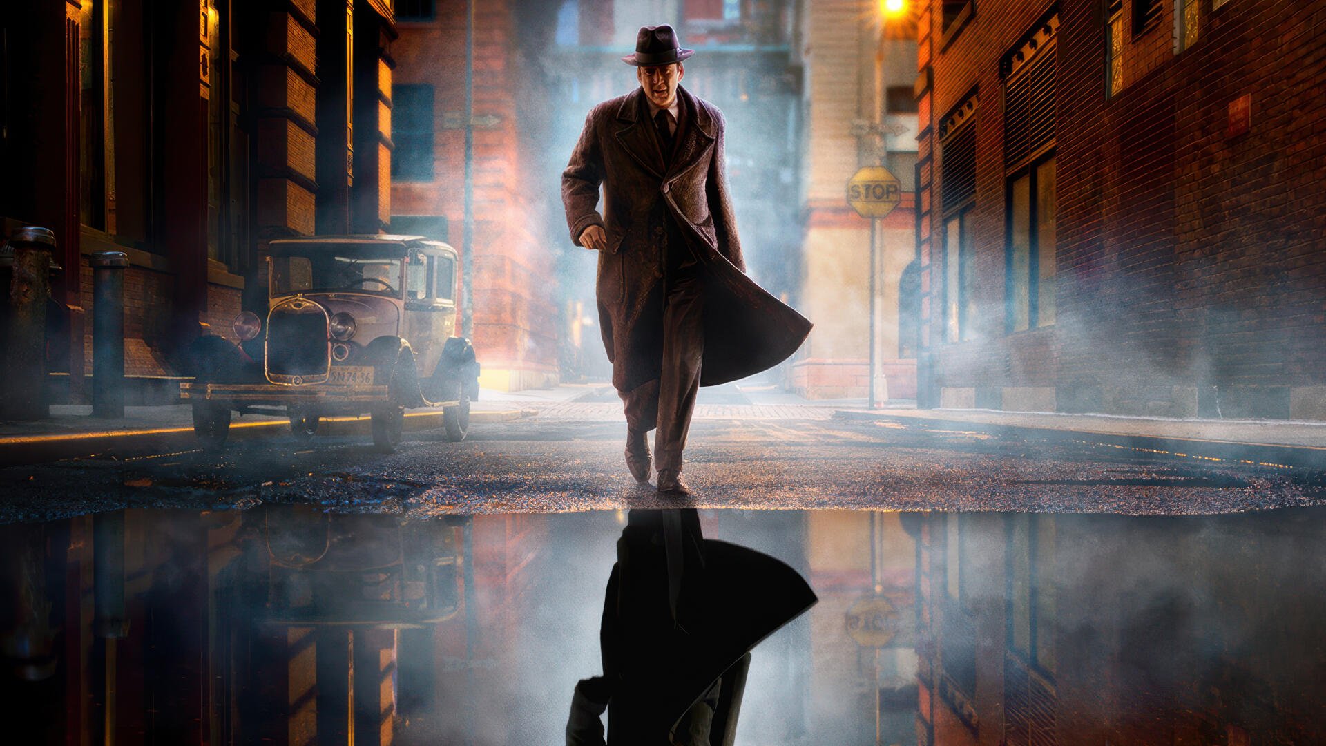 4K Ultra HD PC wallpaper for Spider-Man Noir (2026) TV show: trench-coated, fedora-clad Spider-Man strides through foggy, rain-slick neon streets, his dark reflection mirrored in a puddle.