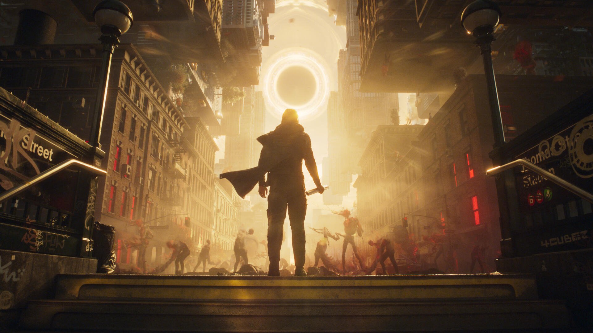Control Resonant video game 4K Ultra HD PC desktop wallpaper: lone figure with a weapon faces a glowing circular portal above a ruined city as zombies converge.