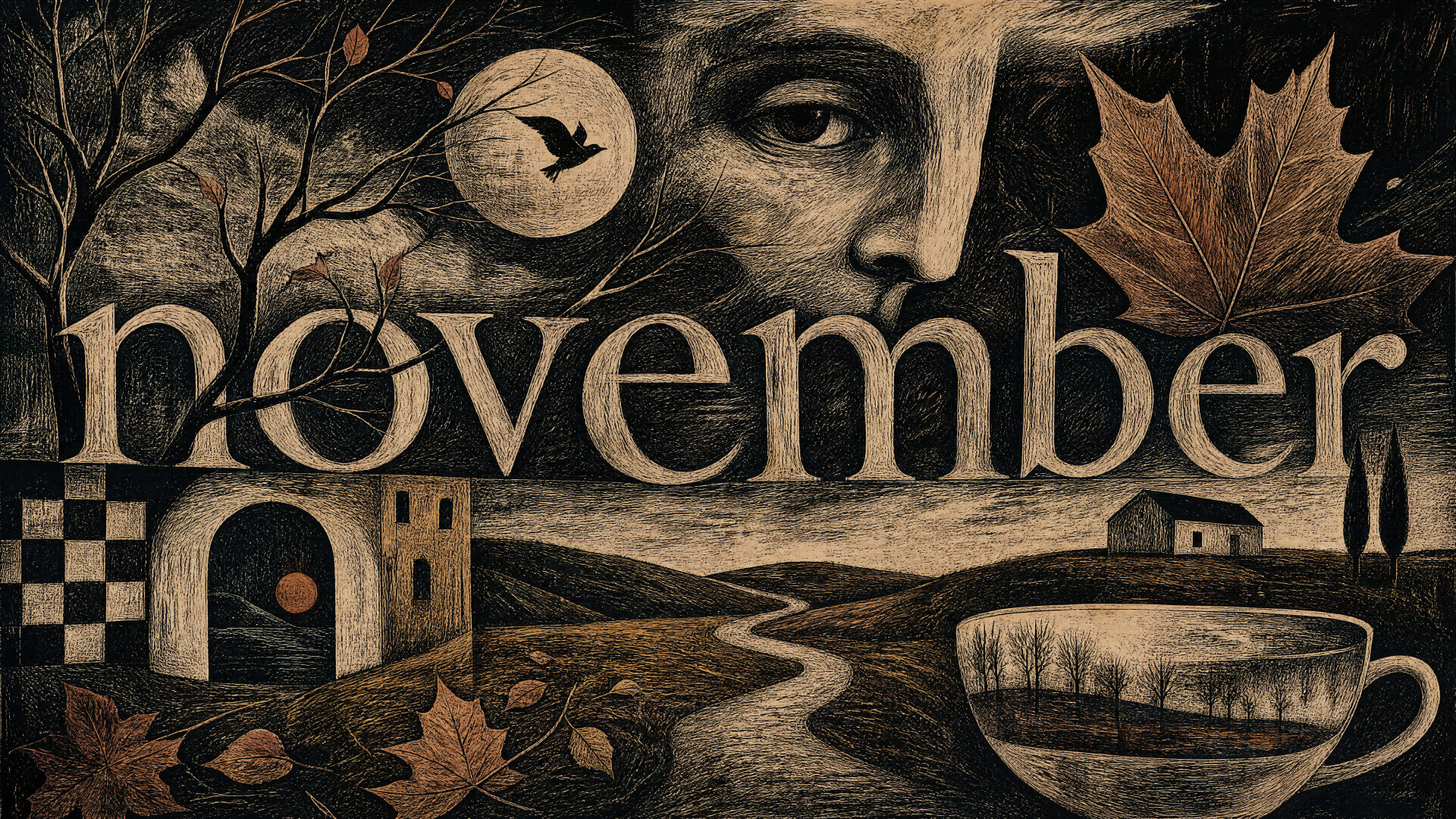 4K Ultra HD PC desktop wallpaper November: sepia collage with a moonlit face, crow in flight, falling leaves, winding country road, small village and a steaming teacup.