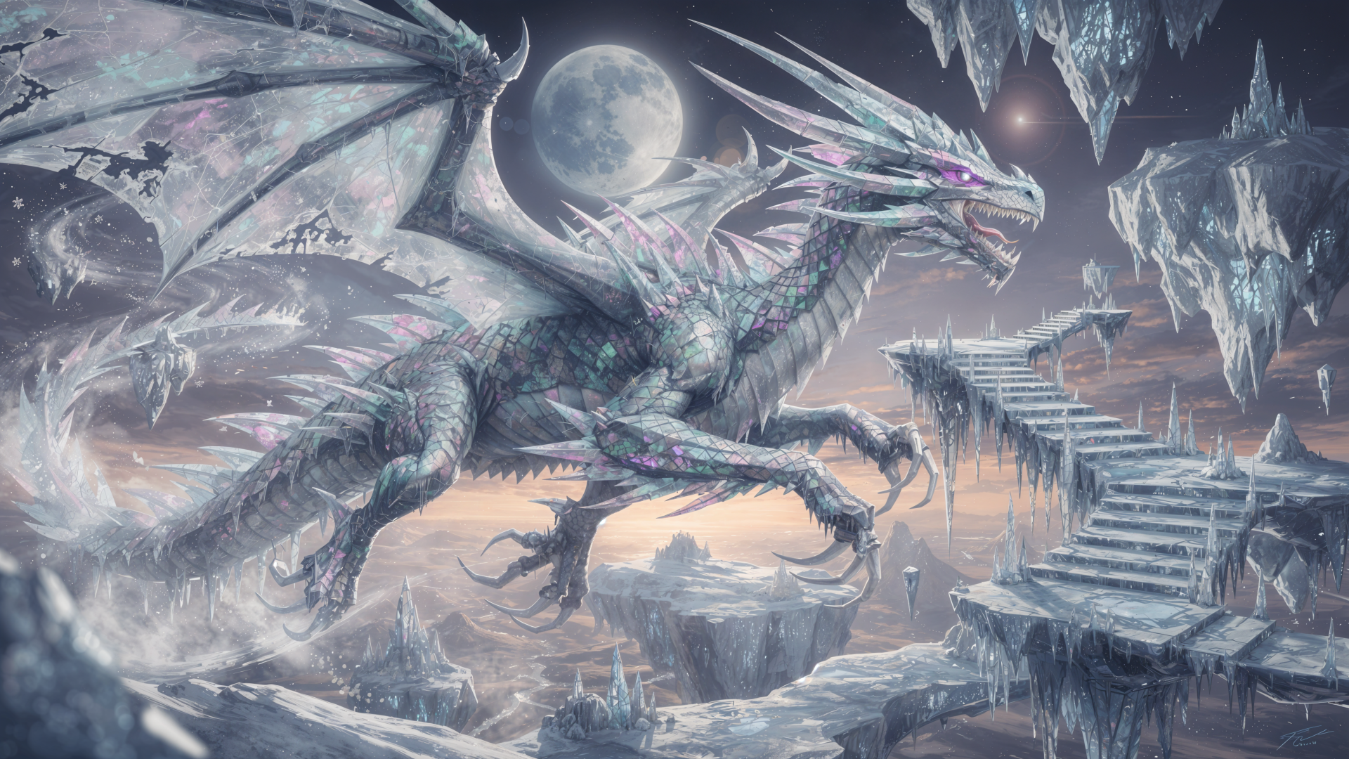 4K Ultra HD PC desktop wallpaper of a majestic ice dragon perched on crystalline cliffs under a full moon, icy wings spread and frosted breath curling across a frozen, moonlit landscape.