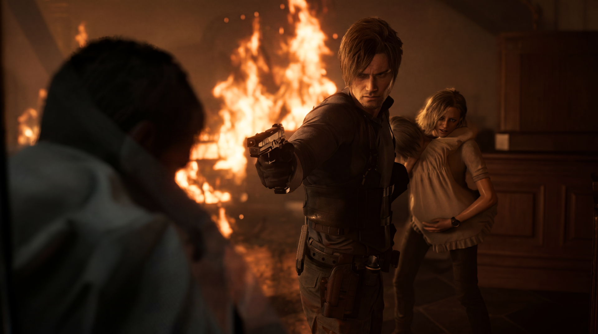 5K Ultra HD PC wallpaper of Resident Evil Requiem: Leon S. Kennedy aims a pistol at an offscreen threat while Grace Ashcroft protects Emily (Resident Evil) with flames blazing behind — Capcom.