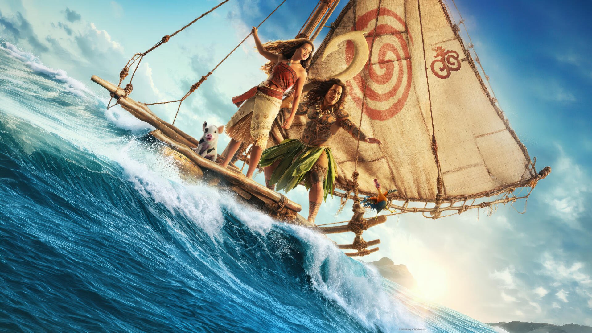 Live-action Moana 5K Ultra HD PC desktop wallpaper: two voyagers on a traditional outrigger with a spiral sail riding a towering blue wave toward the sun.