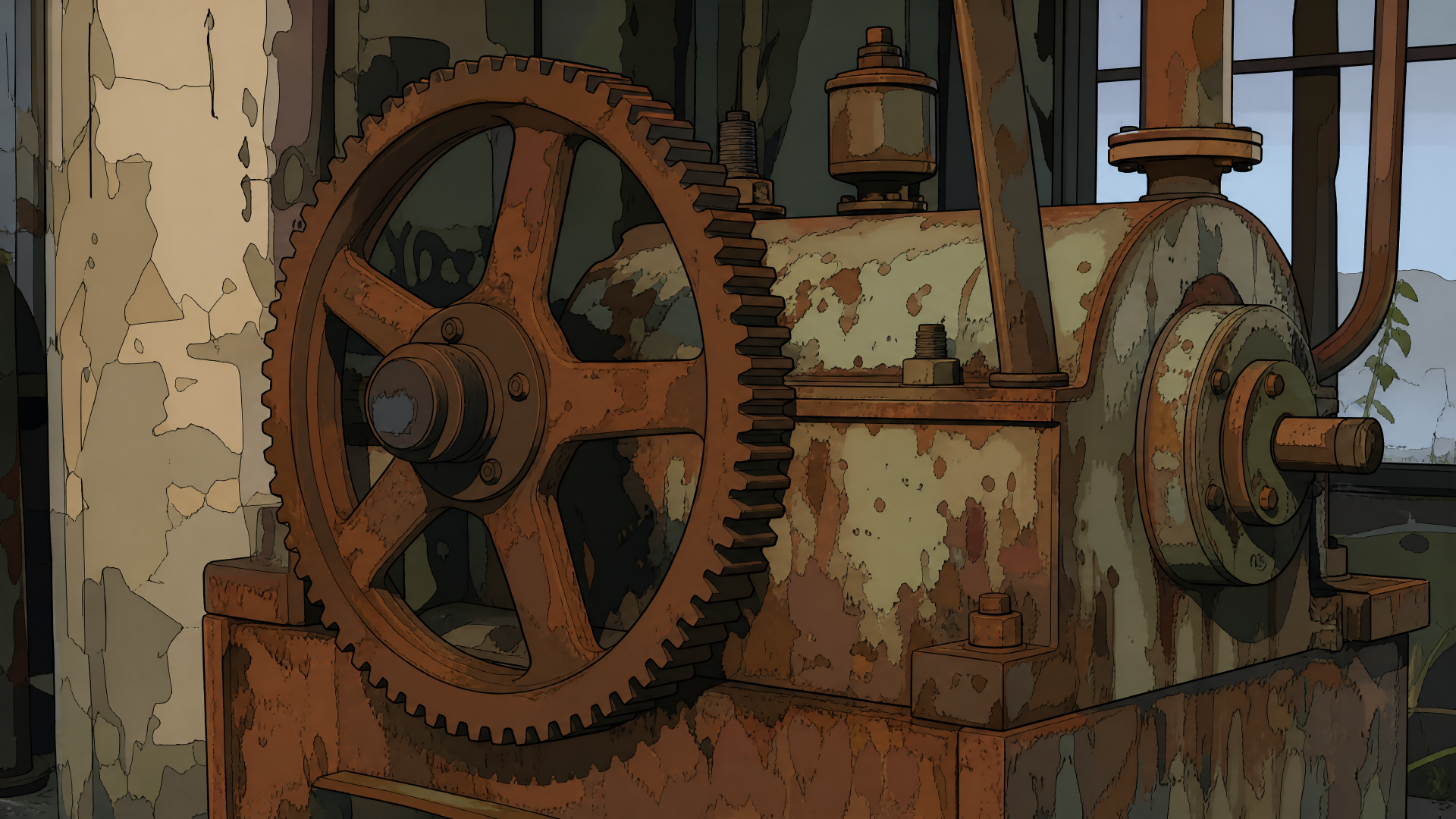 Rusty machinery: close-up of corroded gears and motor housing with flaking paint and warm patina; 4K Ultra HD PC desktop wallpaper and background.