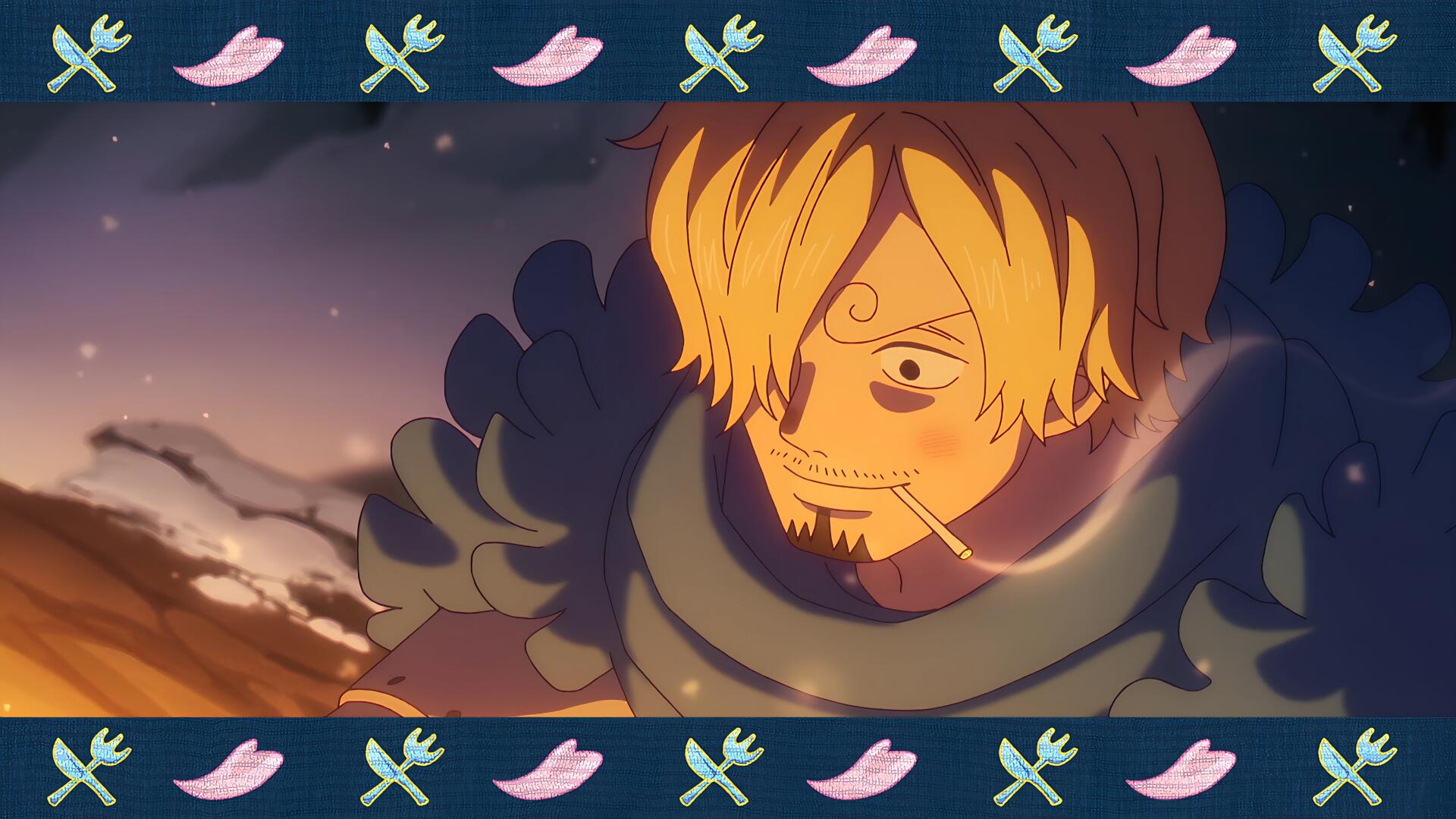 Anime, One Piece — Sanji close-up with cigarette and fur-lined coat, lit by campfire glow. 4K Ultra HD PC Desktop Wallpaper and Background.