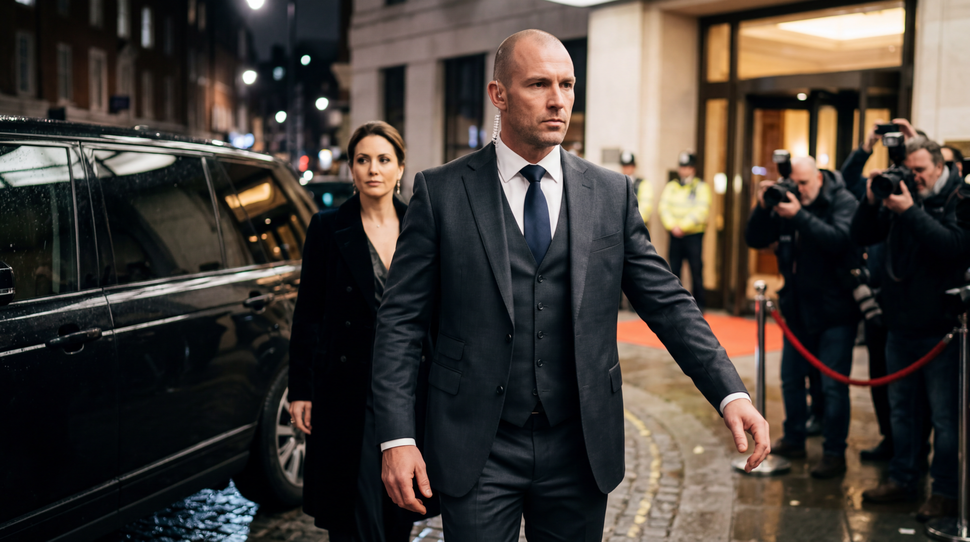 5K Ultra HD PC desktop wallpaper: stern bodyguard in a tailored dark suit escorts a woman past flashing cameras on a wet city sidewalk at night.