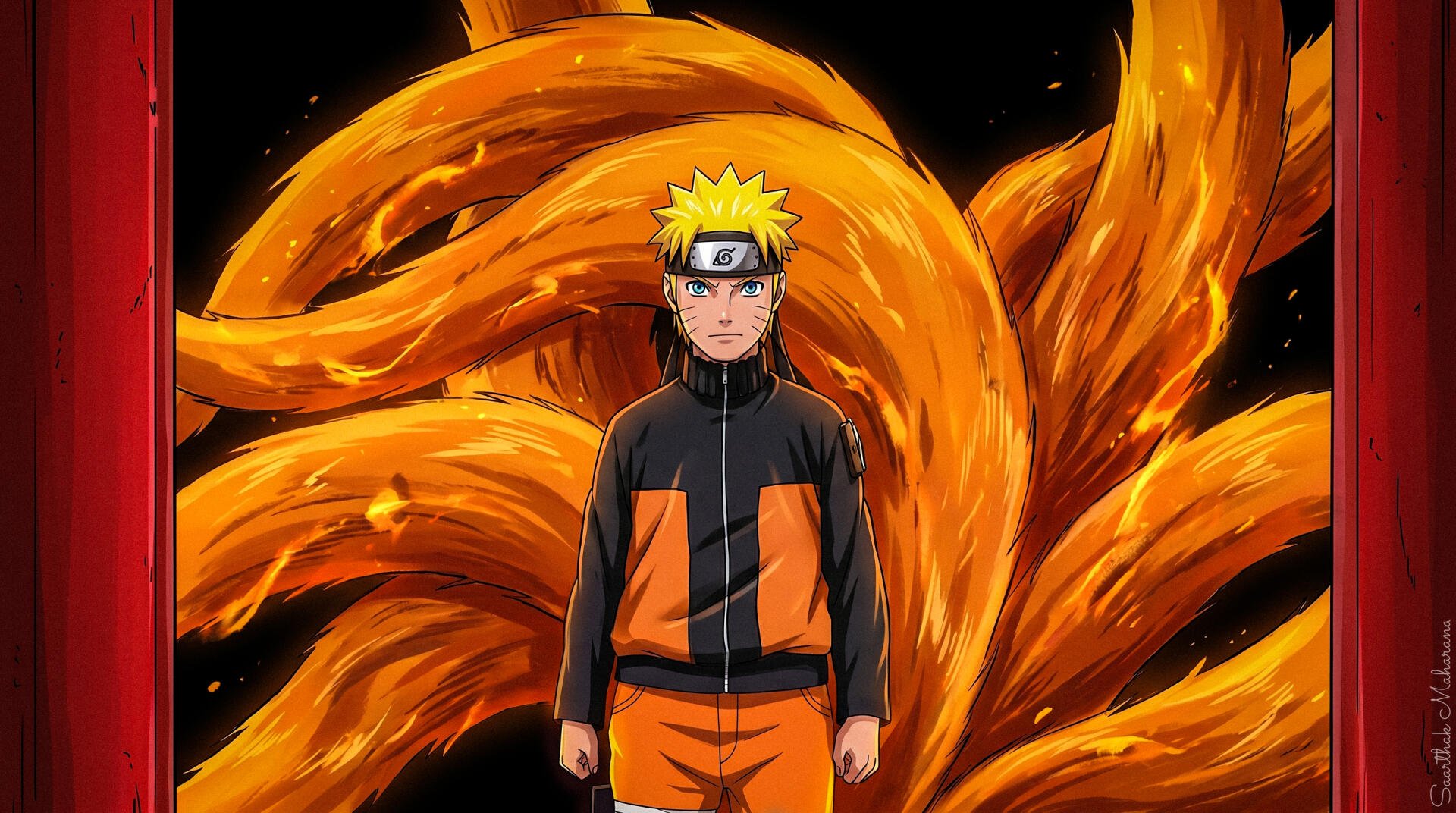 Naruto stands before Kurama’s blazing nine tails, vibrant orange chakra swirling — 2K Quad HD anime PC desktop wallpaper.