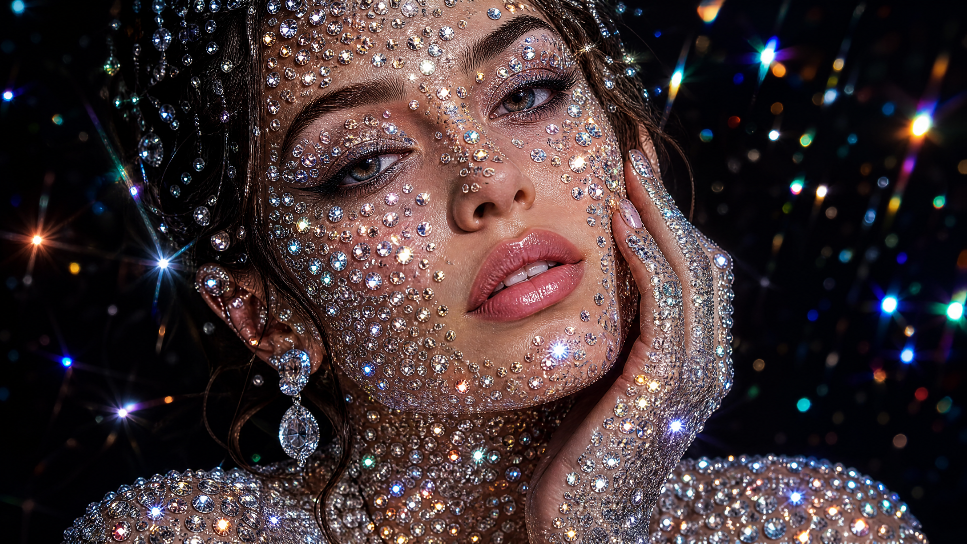 Bedazzled woman portrait with crystals covering her face and hand, glittering against a dark bokeh backdrop — 4K Ultra HD PC desktop wallpaper and background.