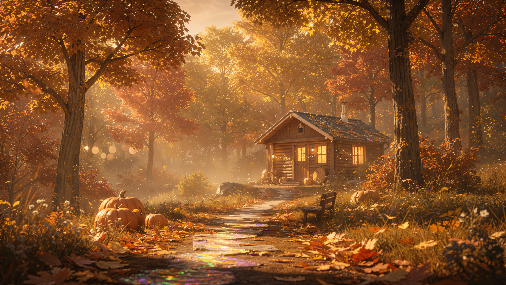 Cozy autumn 4K Ultra HD PC desktop wallpaper and background: sunlit forest path to a glowing cabin, pumpkins and golden fallen leaves.