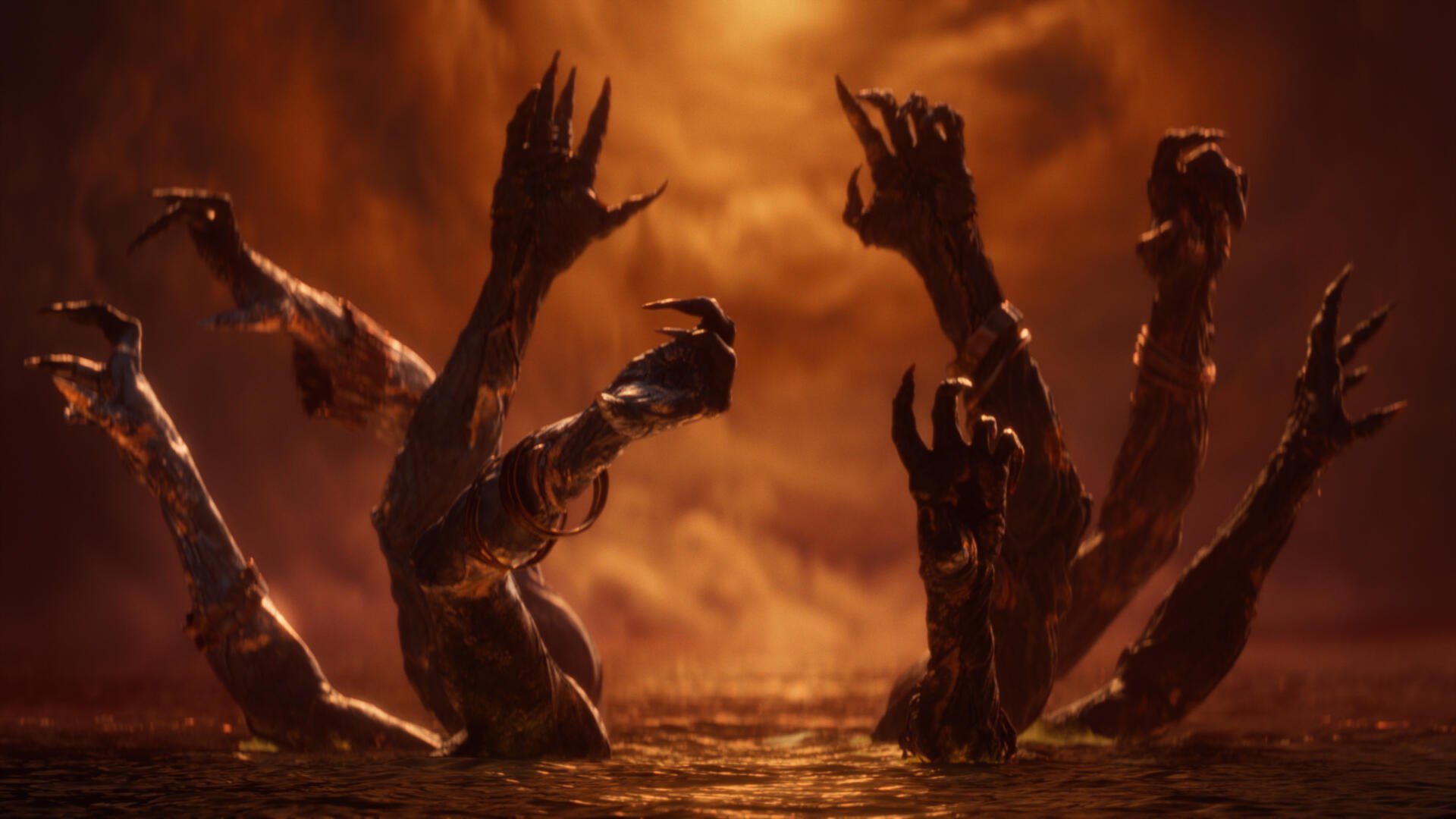 4K Ultra HD PC desktop wallpaper of Saros video game: twisted, clawed hands rising from molten water toward a stormy orange sky.