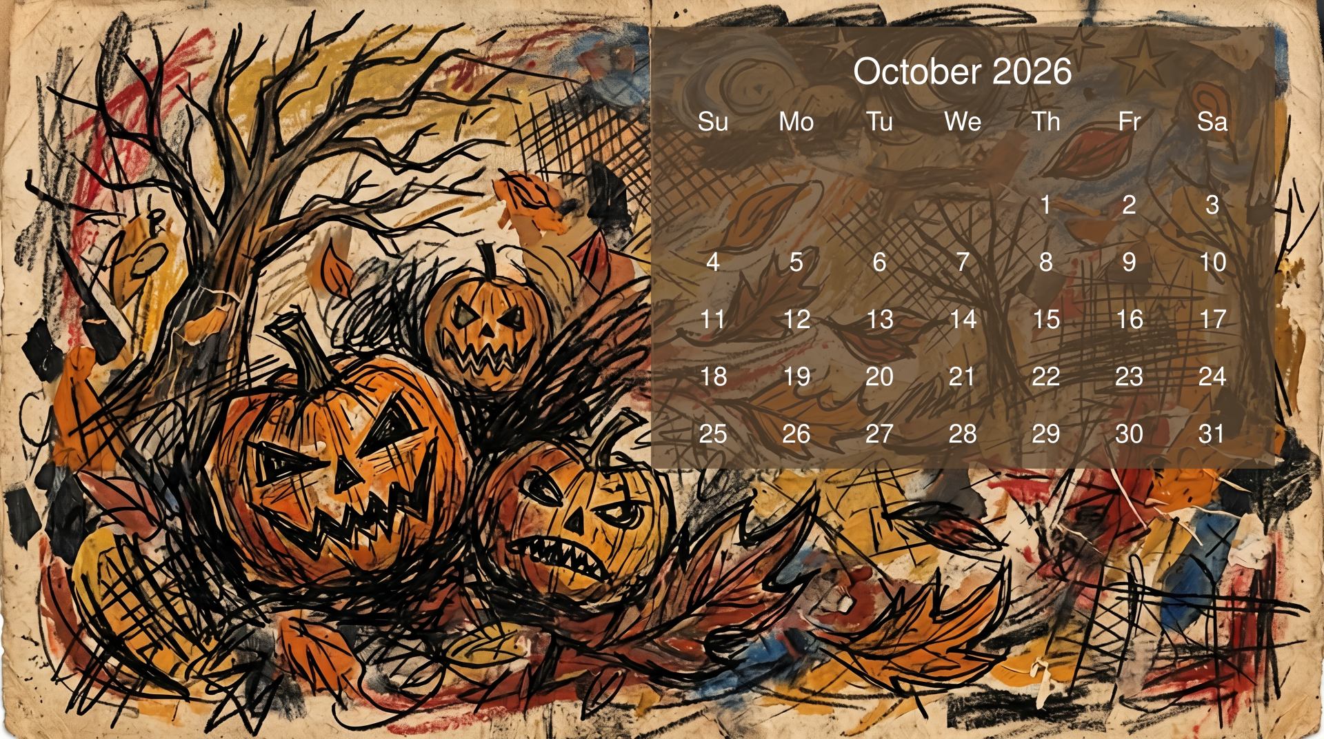 October 2026 calendar over a hand-drawn Halloween scene of carved jack-o'-lanterns, bare trees and autumn leaves — 5K Ultra HD PC desktop wallpaper/background.