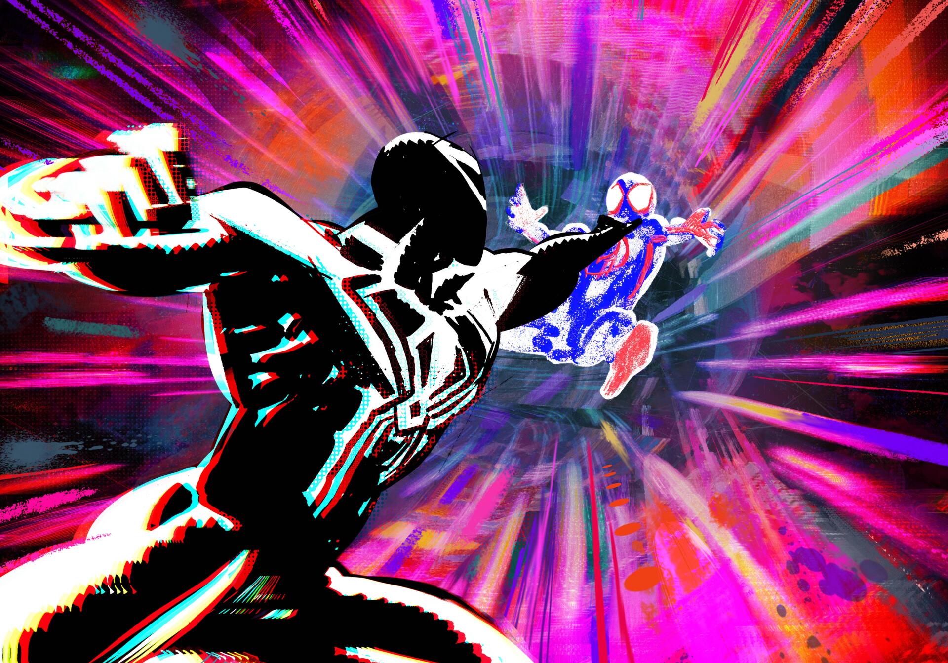 4K Ultra HD PC desktop wallpaper from the movie Spider-Man: Beyond the Spider-Verse — two stylized Spider-Men reach toward each other amid explosive neon radial streaks.