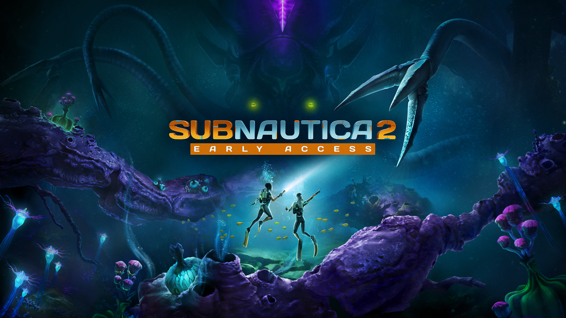 HD PC desktop wallpaper for video game Subnautica 2: two divers in a bioluminescent alien seascape beneath a glowing purple rift, with the SUBNAUTICA 2 EARLY ACCESS logo.