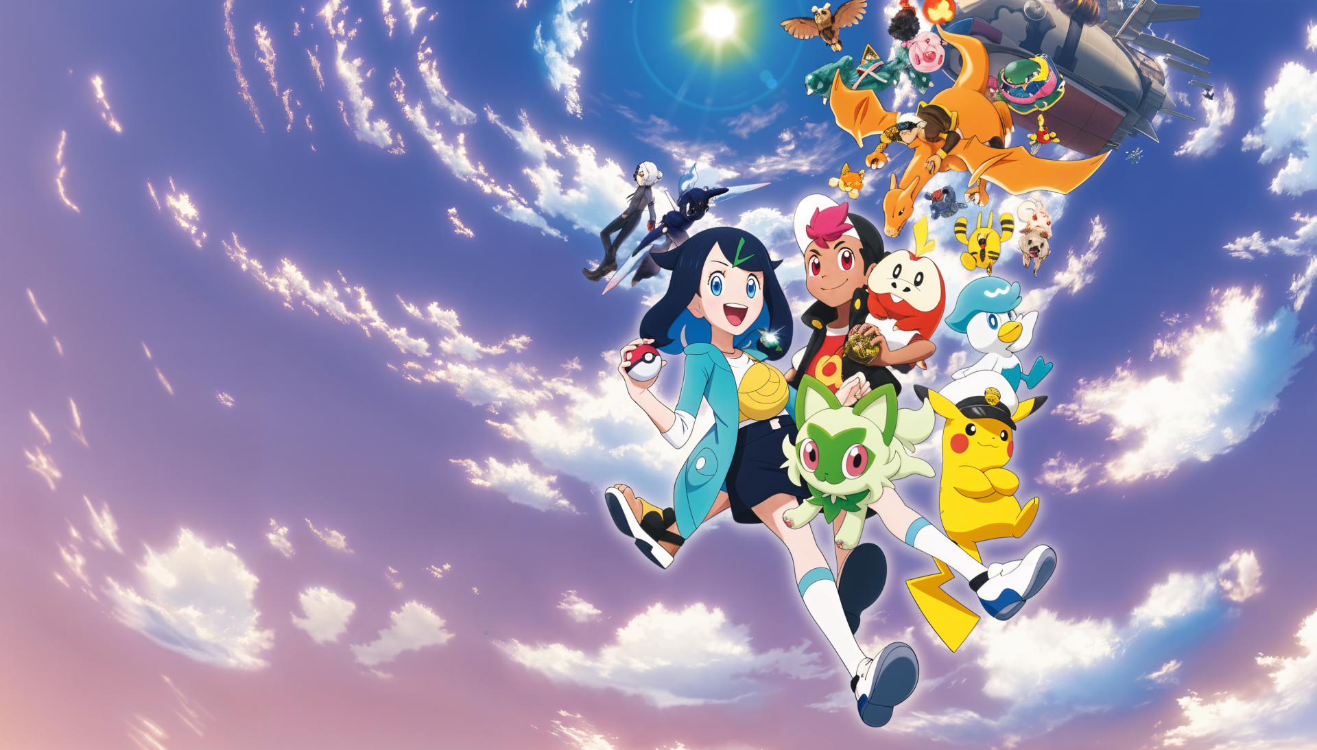 4K Ultra HD PC desktop wallpaper and background from Pokémon Horizons: The Series, featuring the main trainers and Pokémon, including Pikachu, soaring through a bright swirling sky.