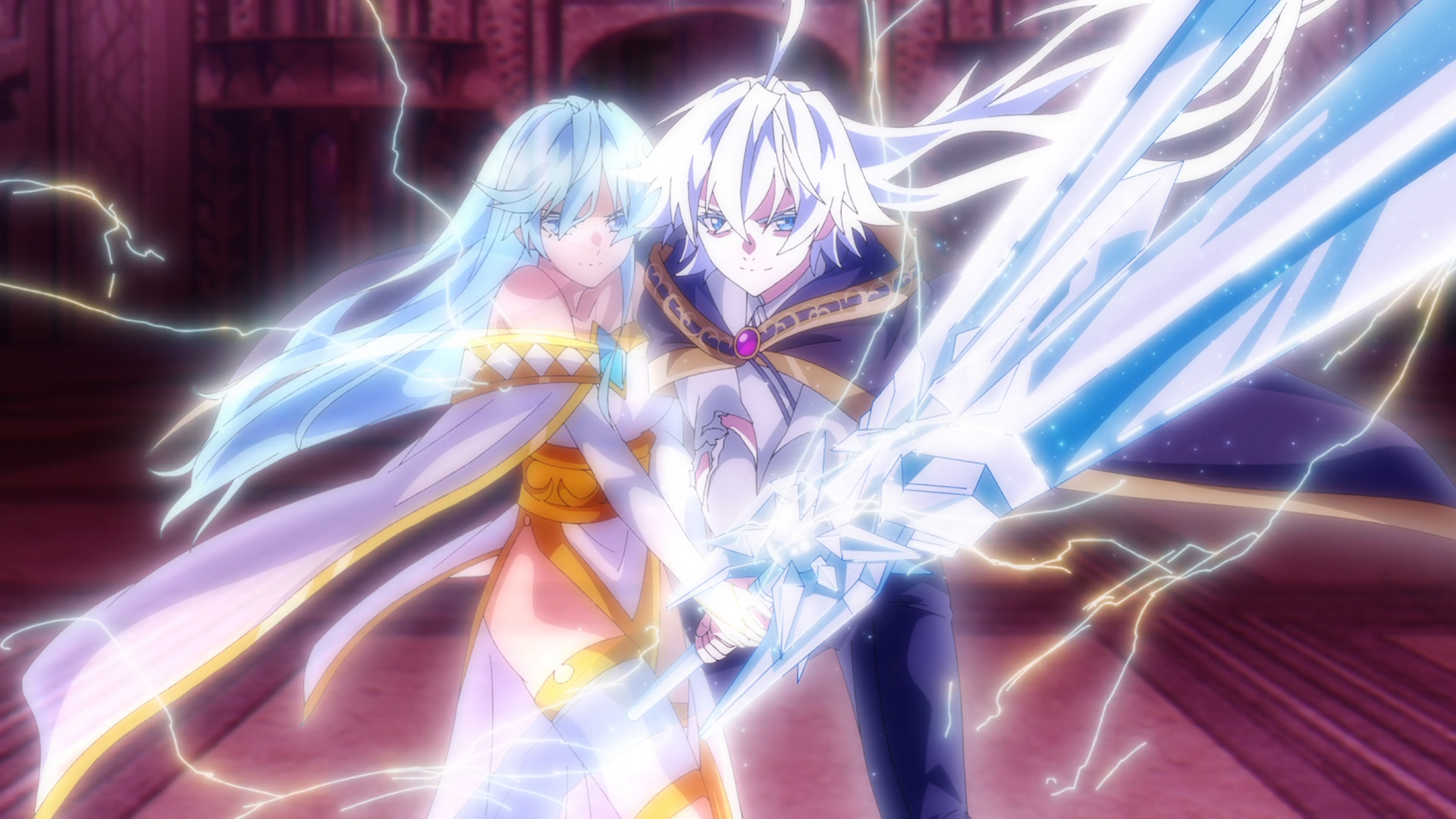 Anime HD PC wallpaper — Wistoria: Wand and Sword featuring Will Serfort wielding a glowing crystalline sword amid lightning, Elfaria Alvis Serholt close behind with flowing hair and cloak.