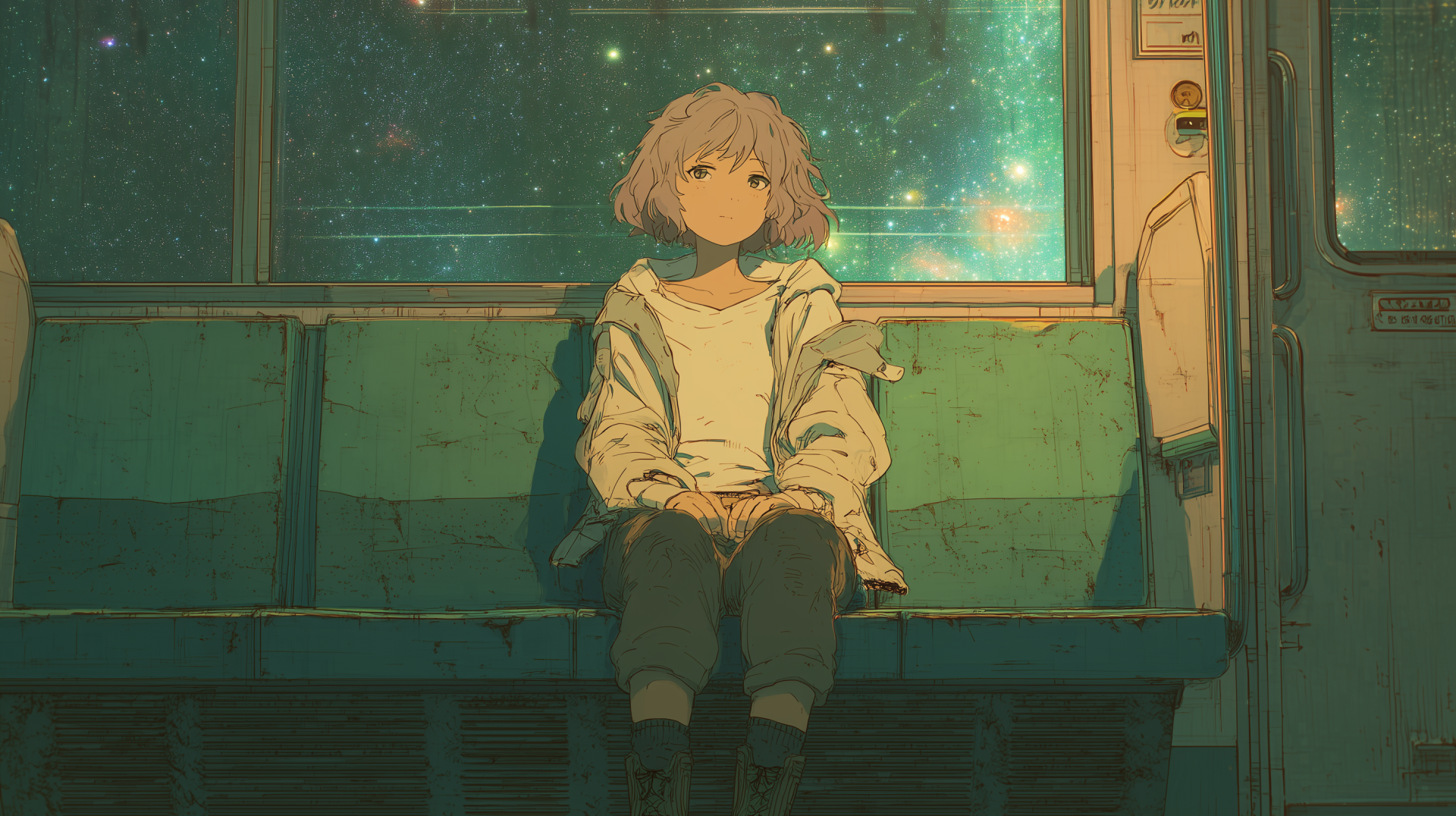 Anime girl with short pink hair sits alone on a worn subway bench beneath green-tinted city lights — 2K Quad HD PC desktop wallpaper and background.