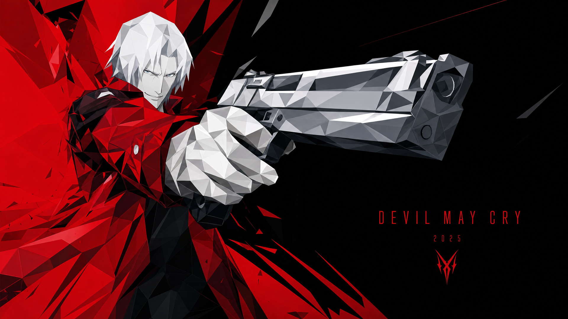 Stylized 4K Ultra HD PC desktop wallpaper of Devil May Cry (2025): white‑haired antihero in a red coat aiming a faceted chrome pistol against a black and red geometric background.