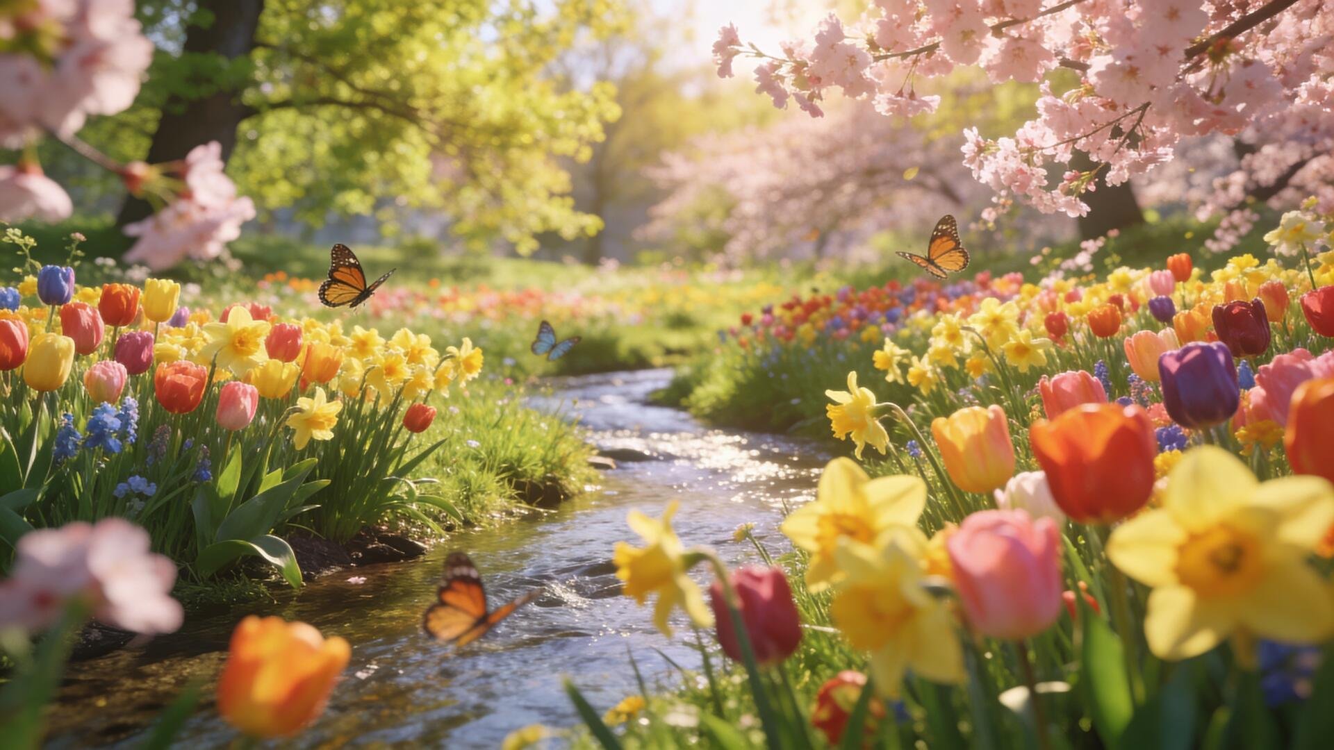 4K Ultra HD PC desktop wallpaper: colorful spring scene with tulips, daffodils and cherry blossoms along a sunlit stream, butterflies drifting over a vibrant meadow.