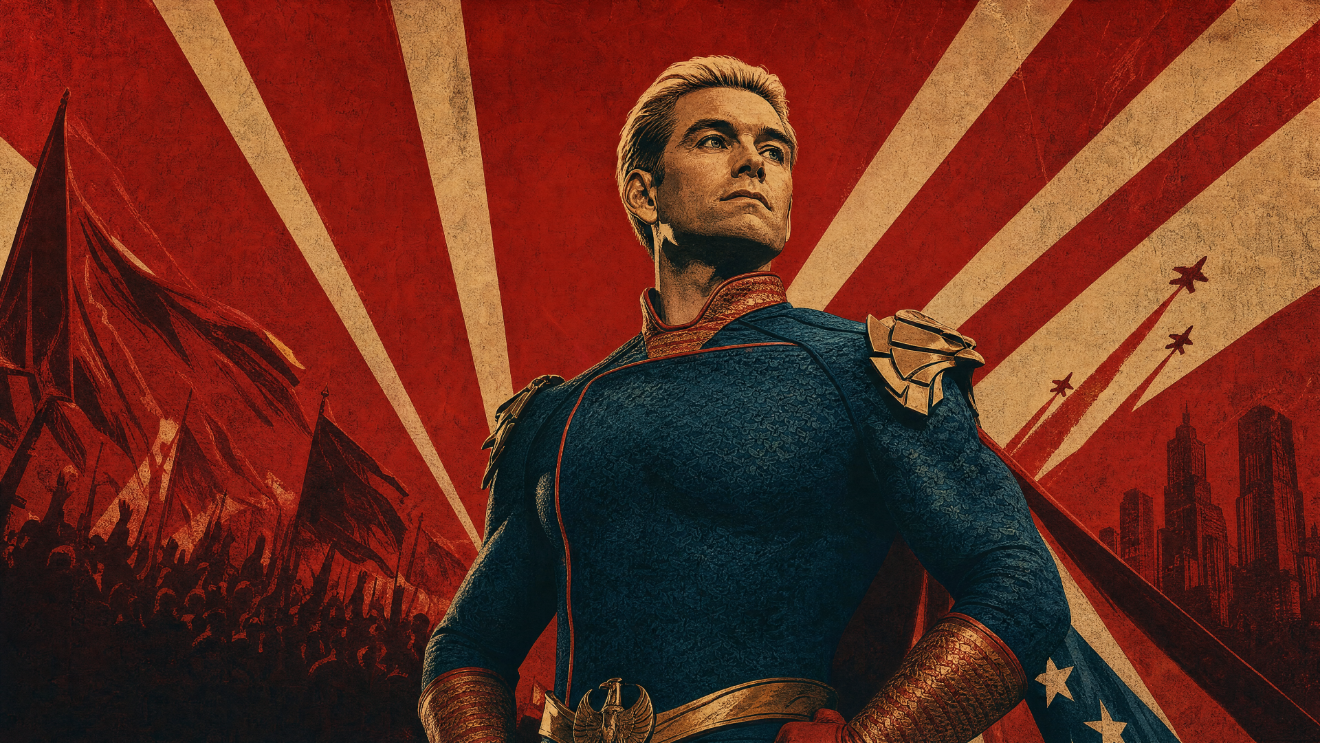 Homelander (The Boys) in a proud, heroic pose before a red sunburst and waving flags — 4K Ultra HD PC desktop wallpaper/background.