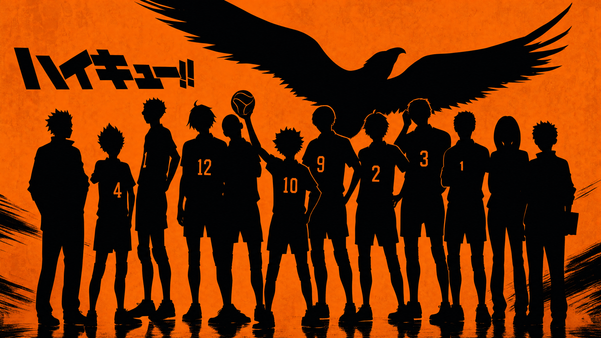 Haikyū!! 4K Ultra HD PC desktop wallpaper: black silhouettes of the Karasuno volleyball team lined up against an orange background with a large crow soaring overhead.