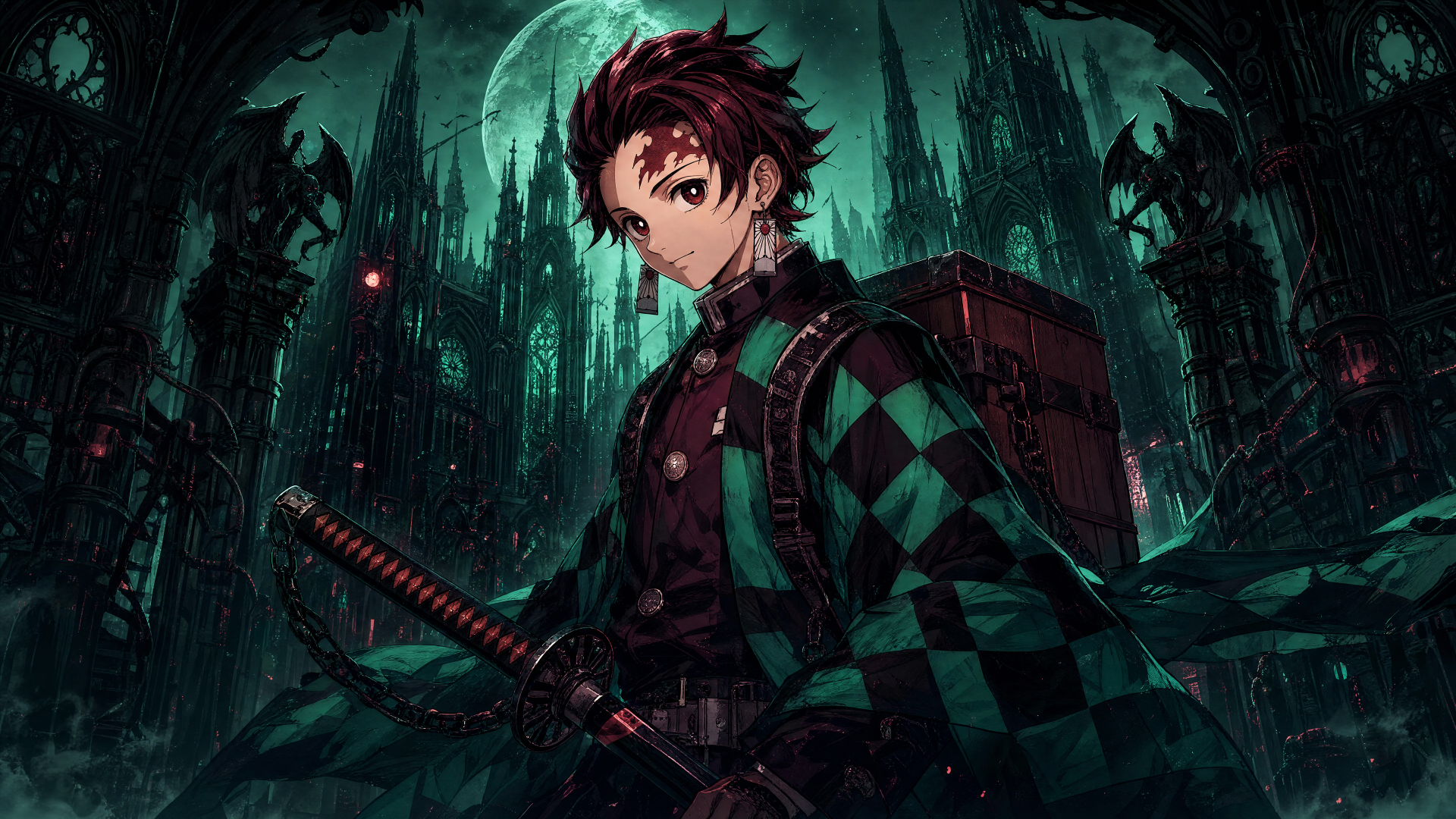 Tanjiro Kamado stands with his sword beneath a full moon over a dark, gothic city; 4K Ultra HD PC desktop wallpaper background.