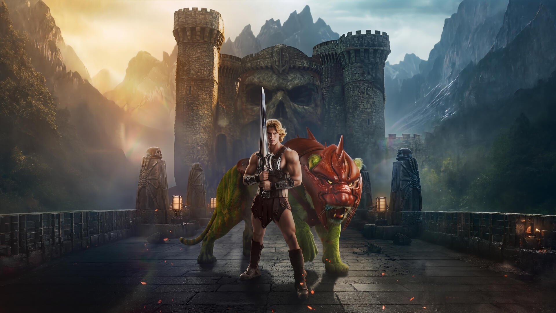 He-Man and Battle Cat stand on a castle battlement at sunrise, mountains behind — Masters of the Universe (2026) 5K Ultra HD PC desktop wallpaper.
