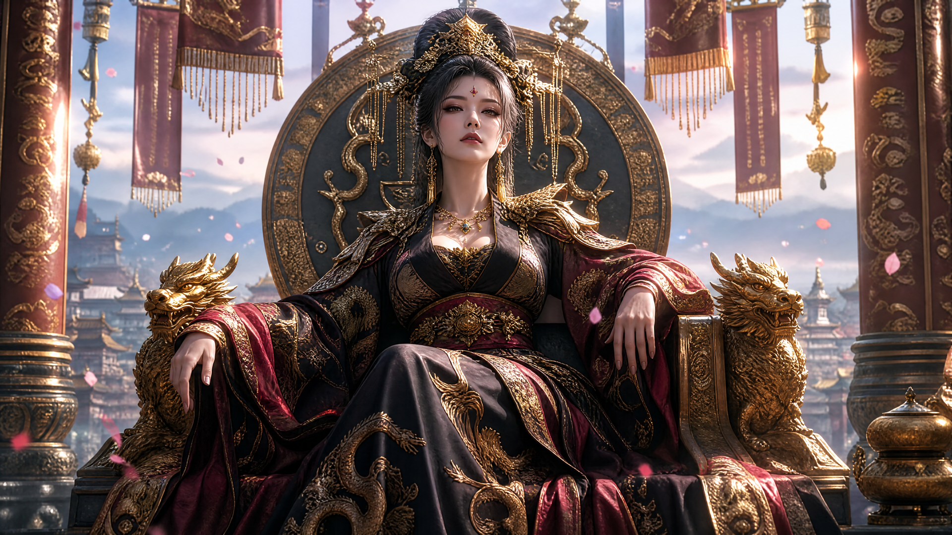 4K Ultra HD PC desktop wallpaper of a regal empress: a seated royal woman in ornate gold-and-black robes and crown on a dragon-adorned throne, palace banners and a cityscape behind.