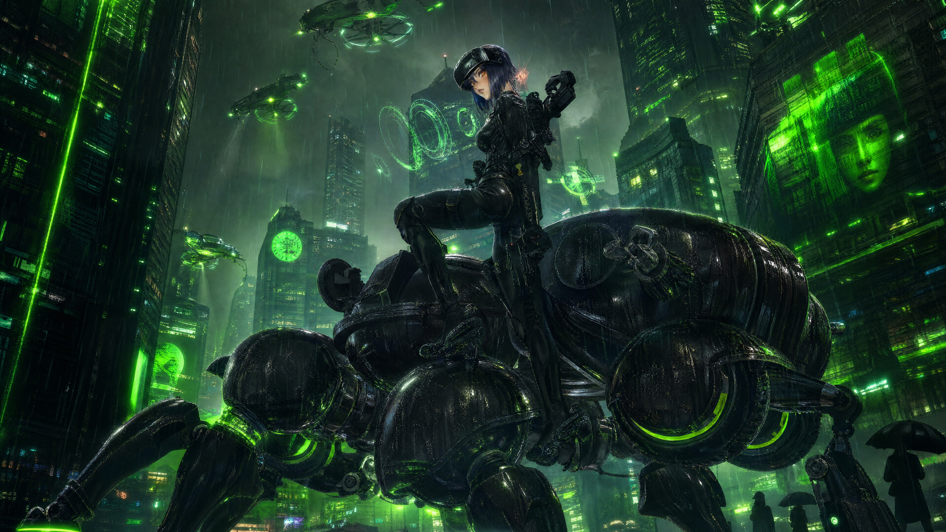 The Ghost In The Shell (2026) 4K Ultra HD PC desktop wallpaper: cybernetic agent perched on a spider-like motorcycle amid neon-green, rain-slick futuristic cityscape.