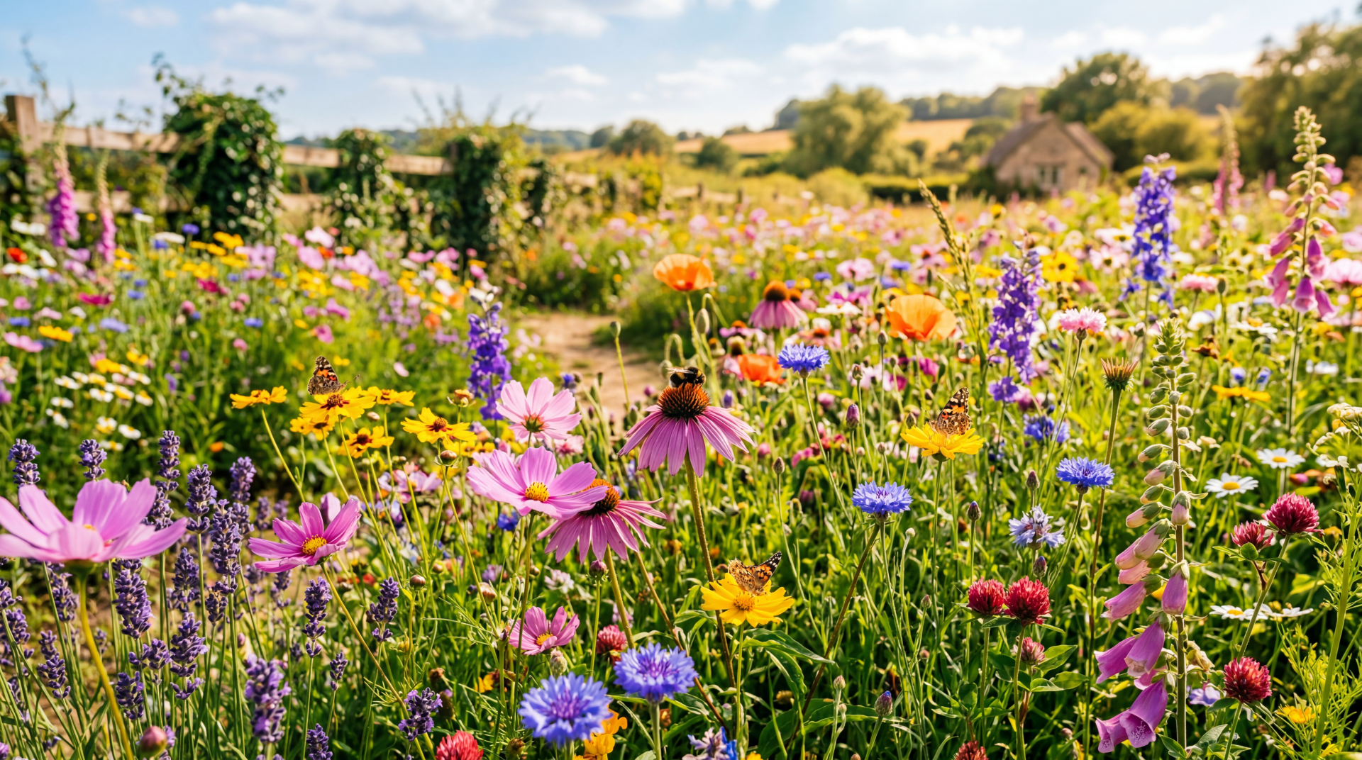 5K Ultra HD PC desktop wallpaper of a nature summer floral scene: sunlit meadow of poppies, cornflowers, coneflowers and lavender with distant cottages under a blue sky.