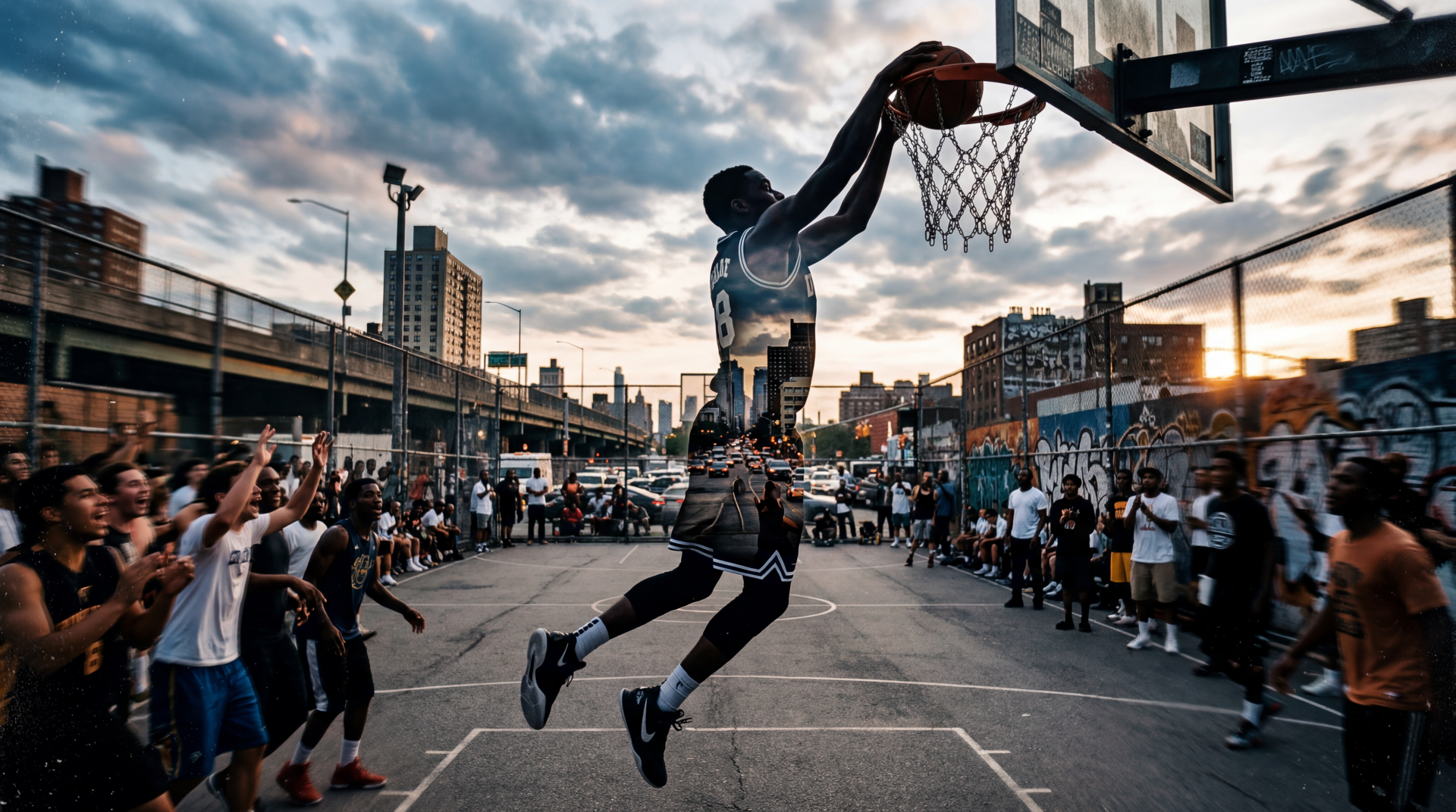 Slam Dunk: player soaring for a dunk in an urban streetball game at sunset, crowd watching — 5K Ultra HD PC desktop wallpaper and background.