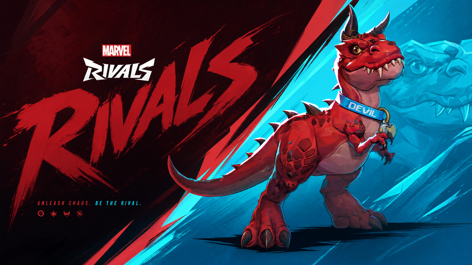 Marvel Rivals 4K Ultra HD PC desktop wallpaper and background: stylized red dinosaur-like creature with spiked collar posed against a split red and blue backdrop and bold Rivals logo.